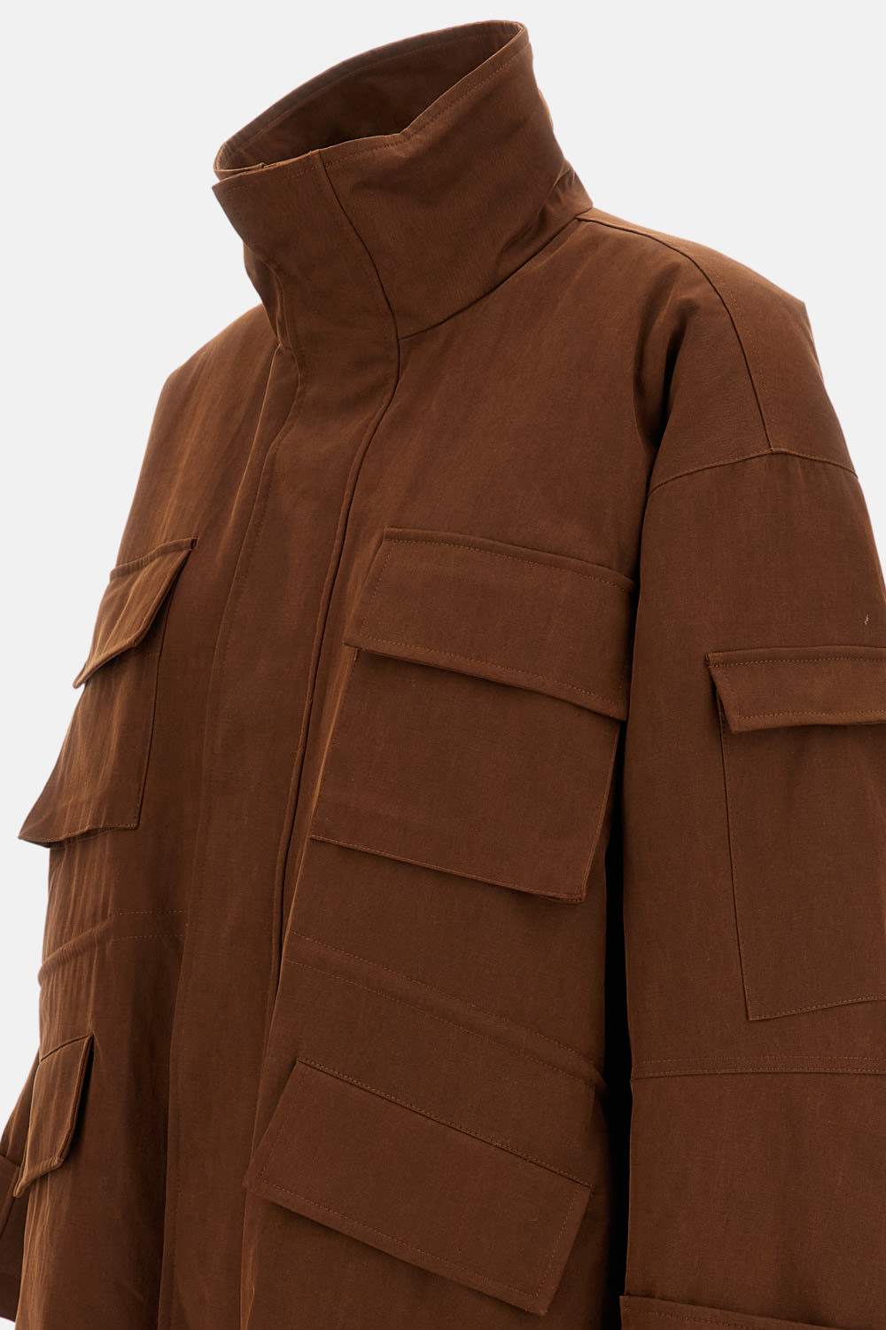 Plan C Delave Twill Military Jacket In Brown