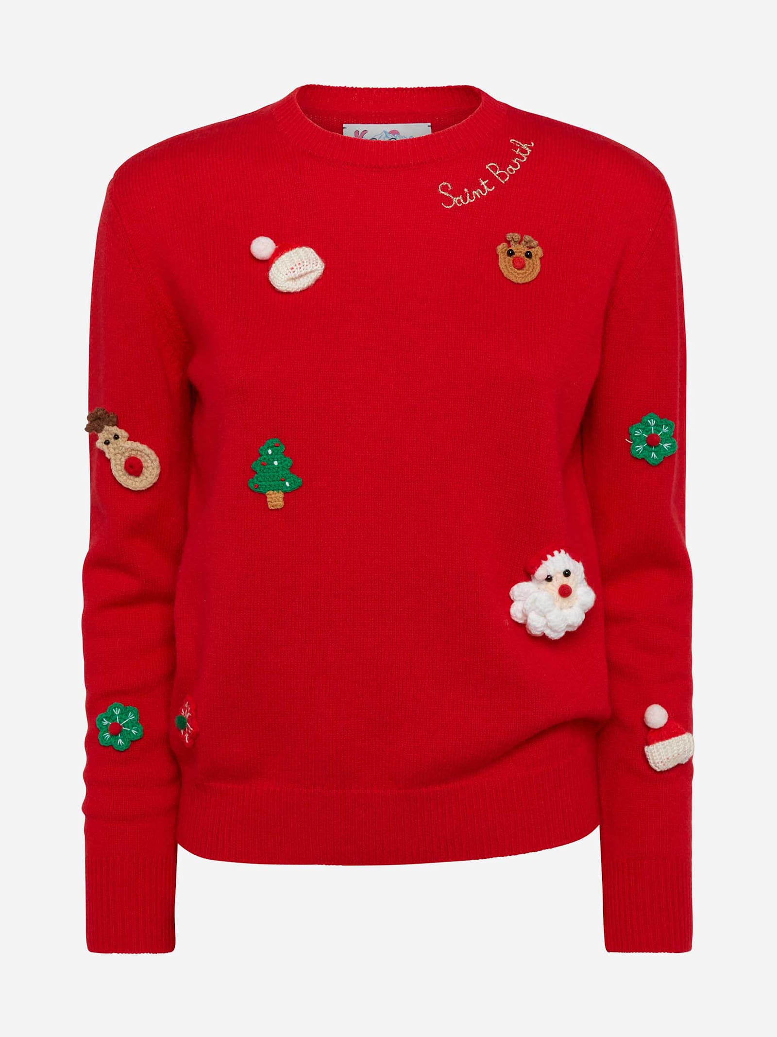 Mc2 Saint Barth Woman Brushed Sweater With Christmas Patches Appliquèe In Red