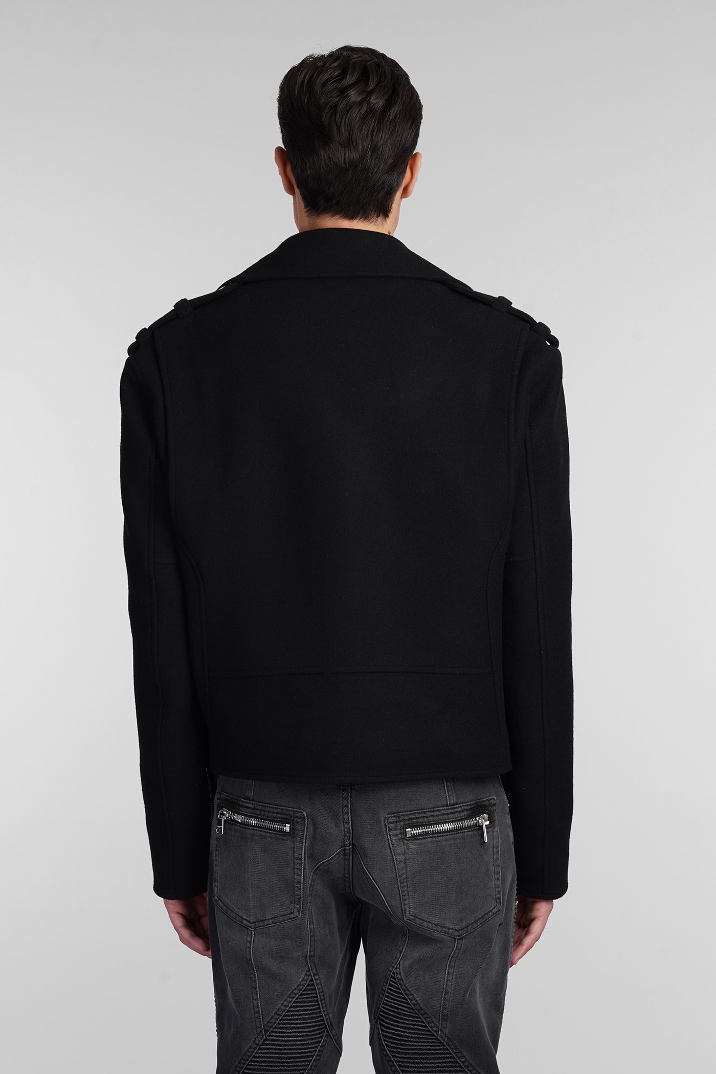 Shop Balmain Biker Jacket In Black Wool