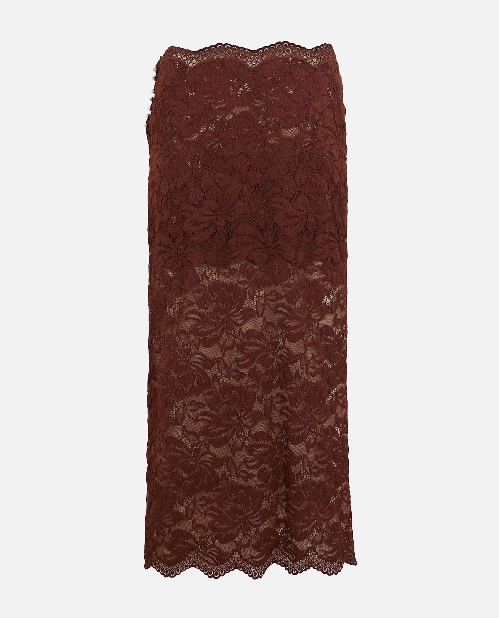 Rabanne Floral Lace Brown Midi Skirt With Scalloped Hem In Brown