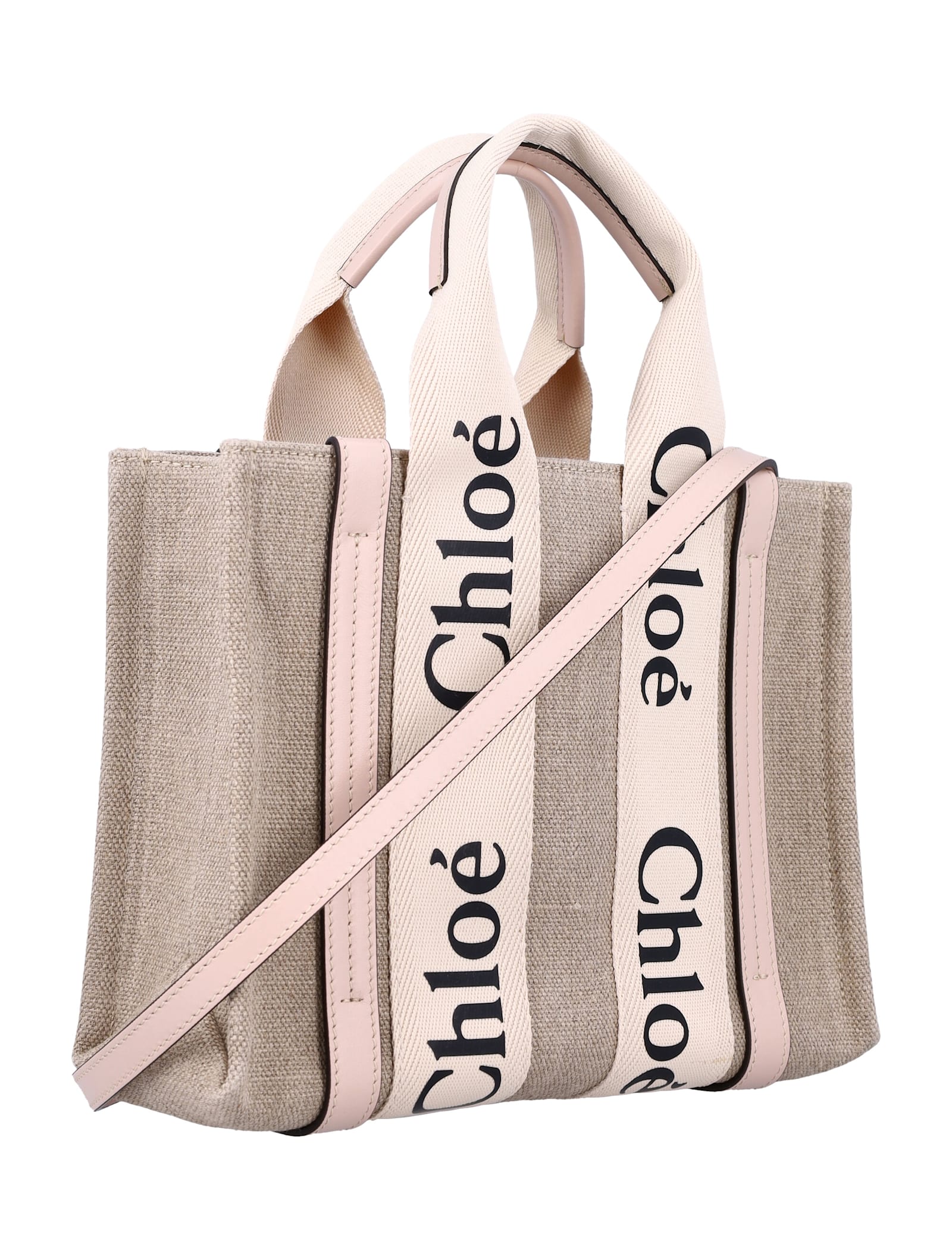 Shop Chloé Linen Woody Medium Tote Bag In Cement Pink