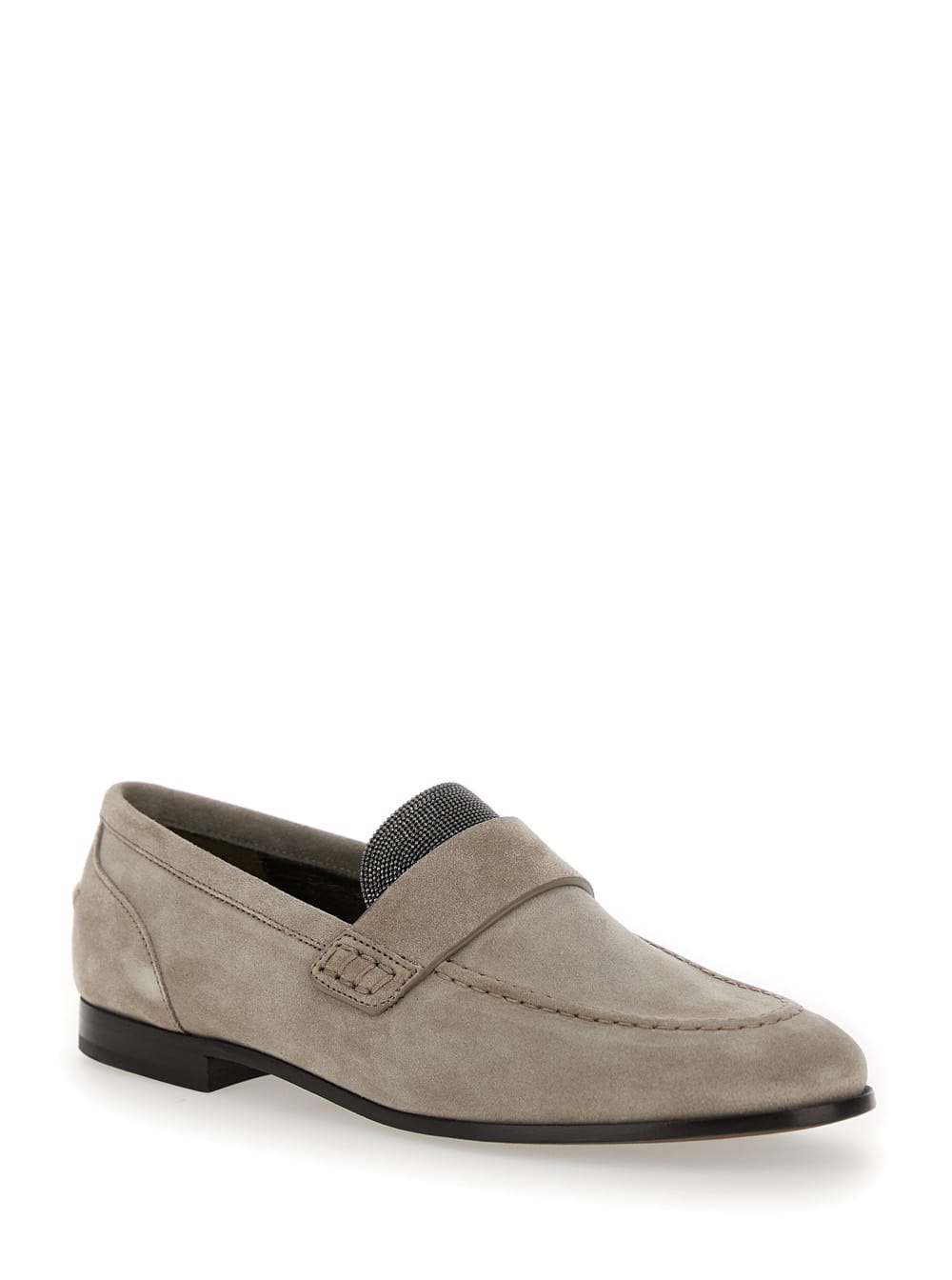 Shop Brunello Cucinelli Beige Slip-on Loafers With Monile Detail In Suede Woman