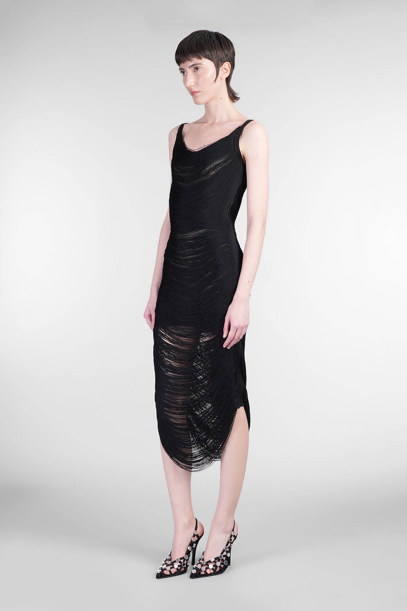 Attico Black Fringed Viscose Blend Knit Midi Dress In Black