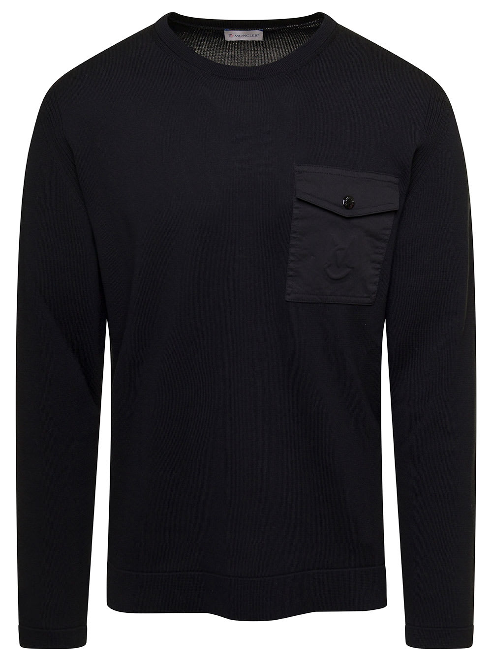 MONCLER BLACK CREWNECK PULLOVER WITH PATCH POCKET AND LOGO IN COTTON MAN