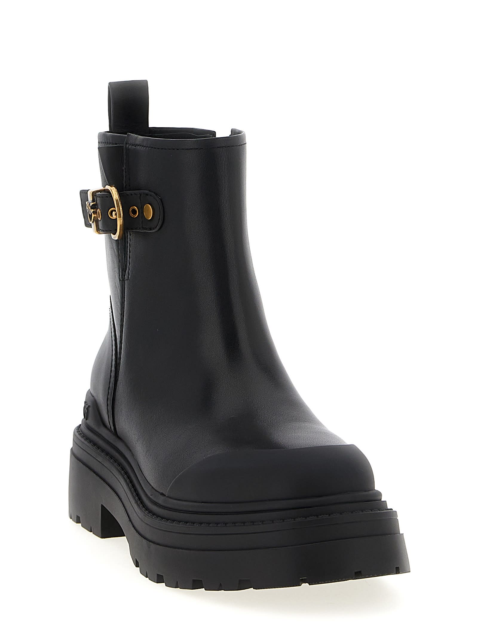 Pinko Leather Booties With Love Birds Logo In Black