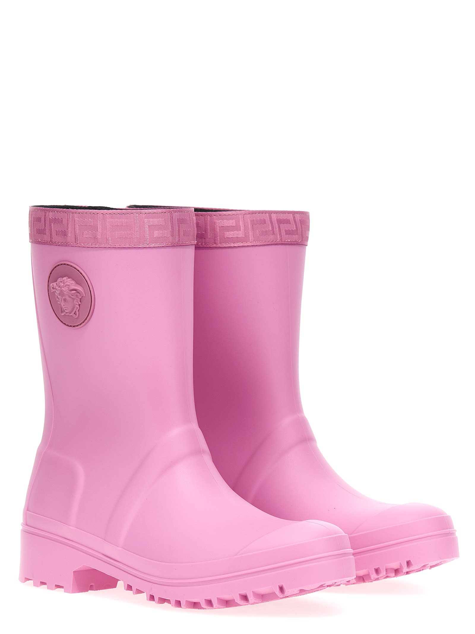 Shop Versace Greca Rain Boots In Pink