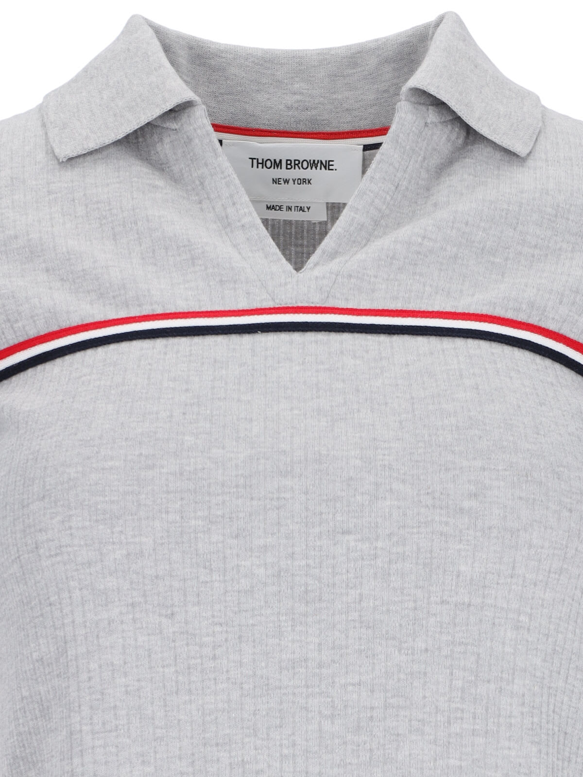 Shop Thom Browne Three Stripes Knit Polo Shirt In Gray