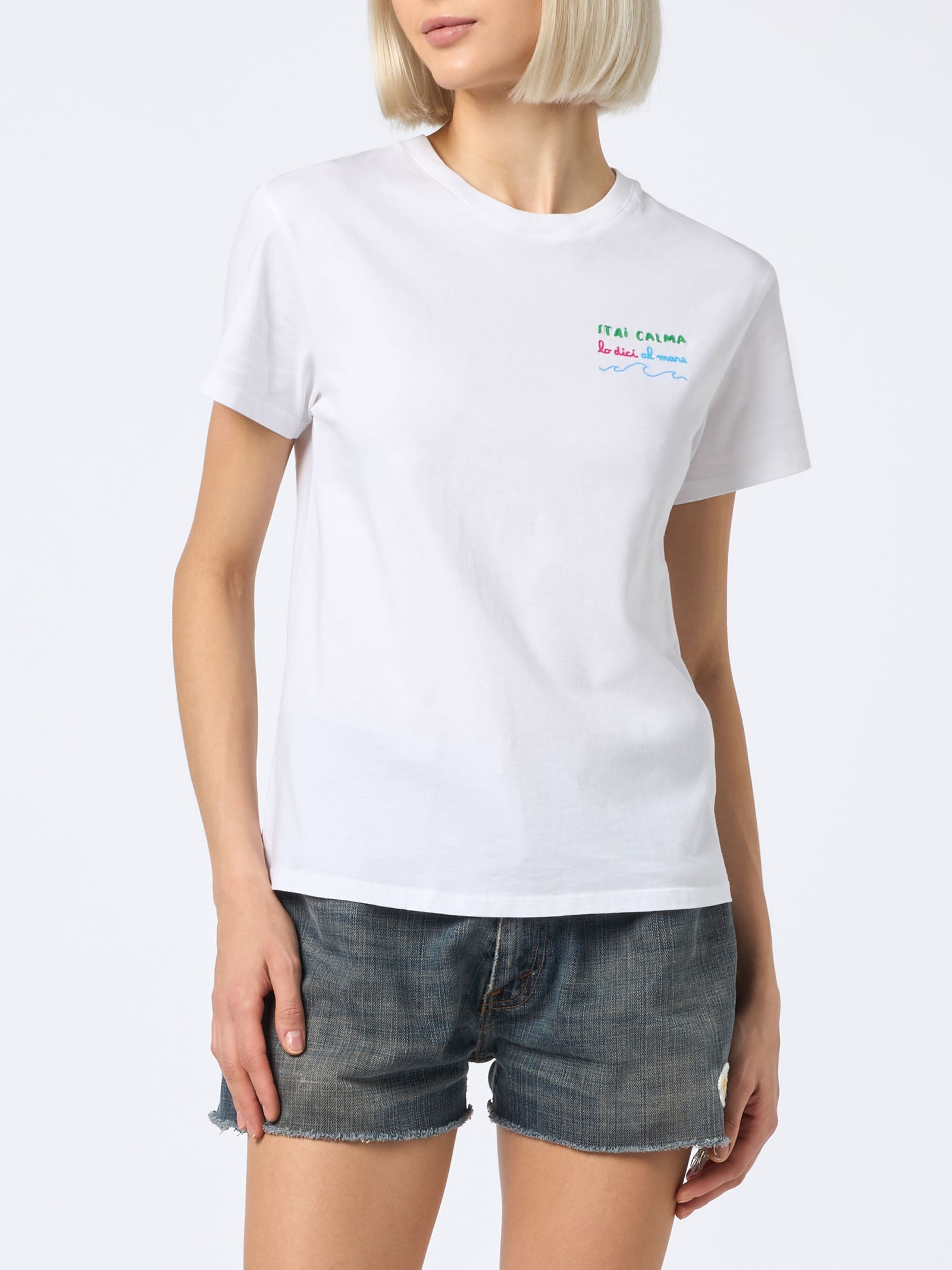 MC2 SAINT BARTH WOMAN COTTON JERSEY CREWNECK T-SHIRT EMILIE WITH STAI CALMA LO DICI AL MARE EMBROIDERY
