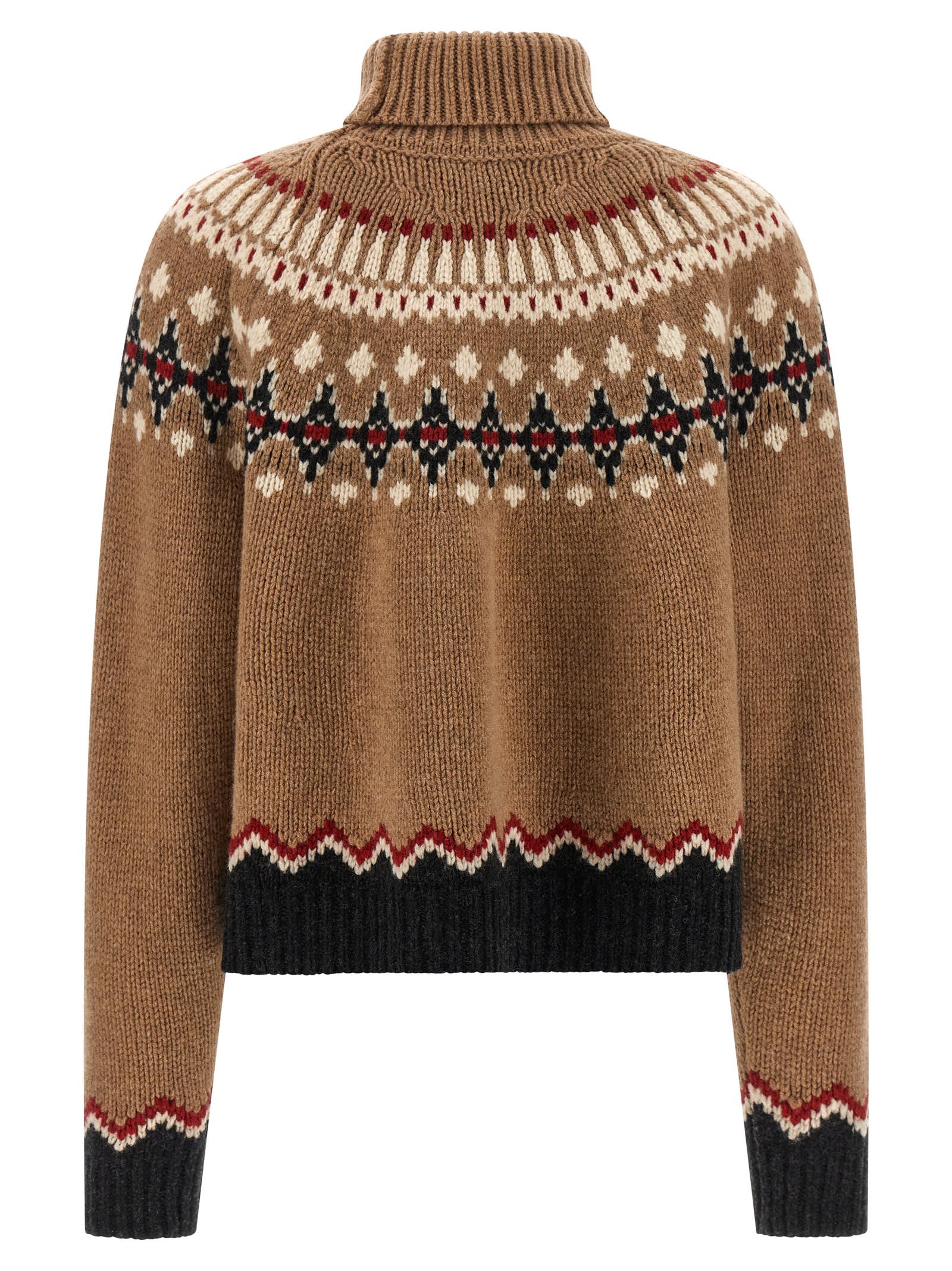 Alanui Patterned Camel Turtleneck Sweater With Geometric And Floral Motifs In Brown