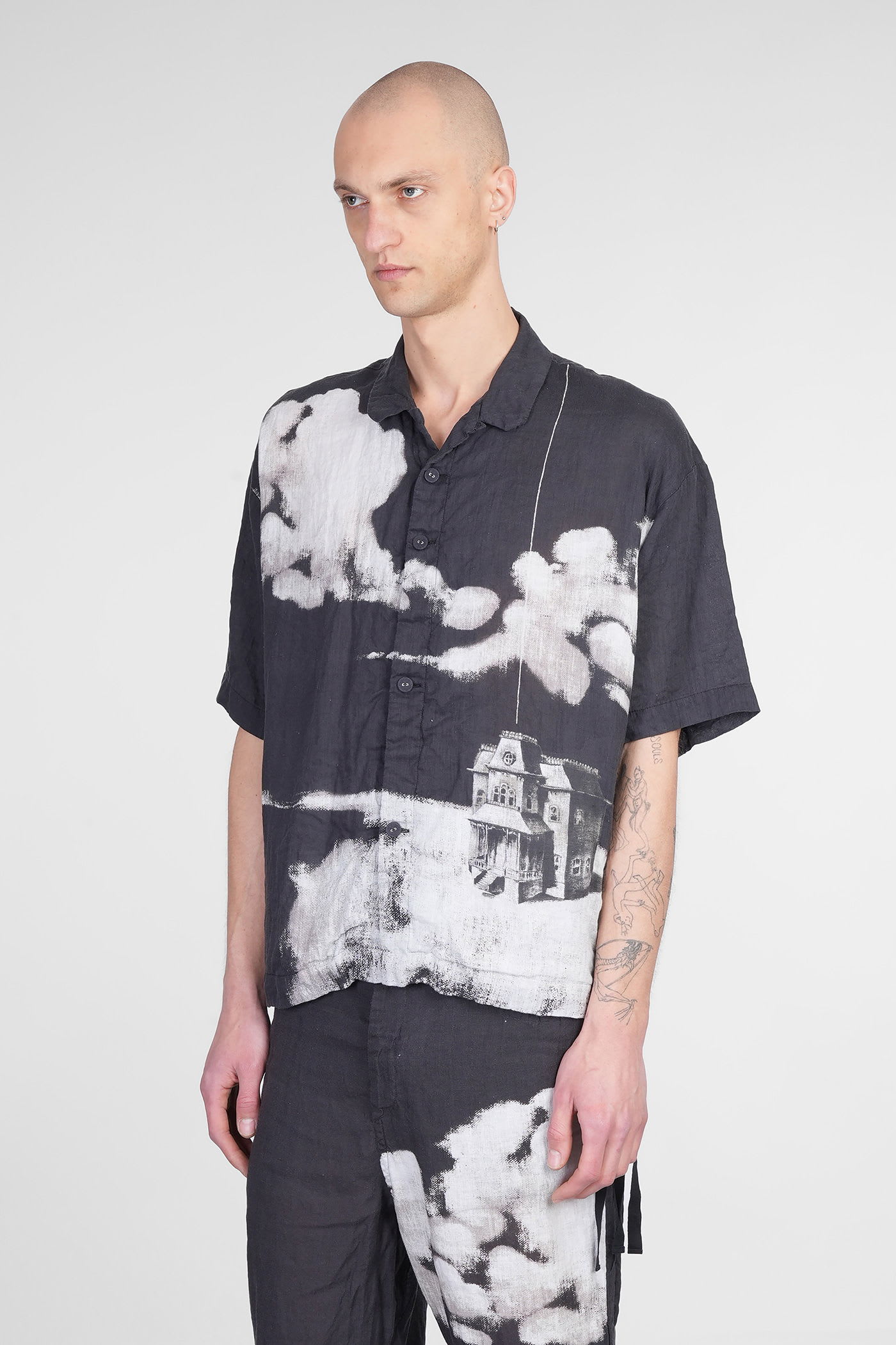 Undercover Oversize Short Sleeve Linen Button-up Shirt In Black