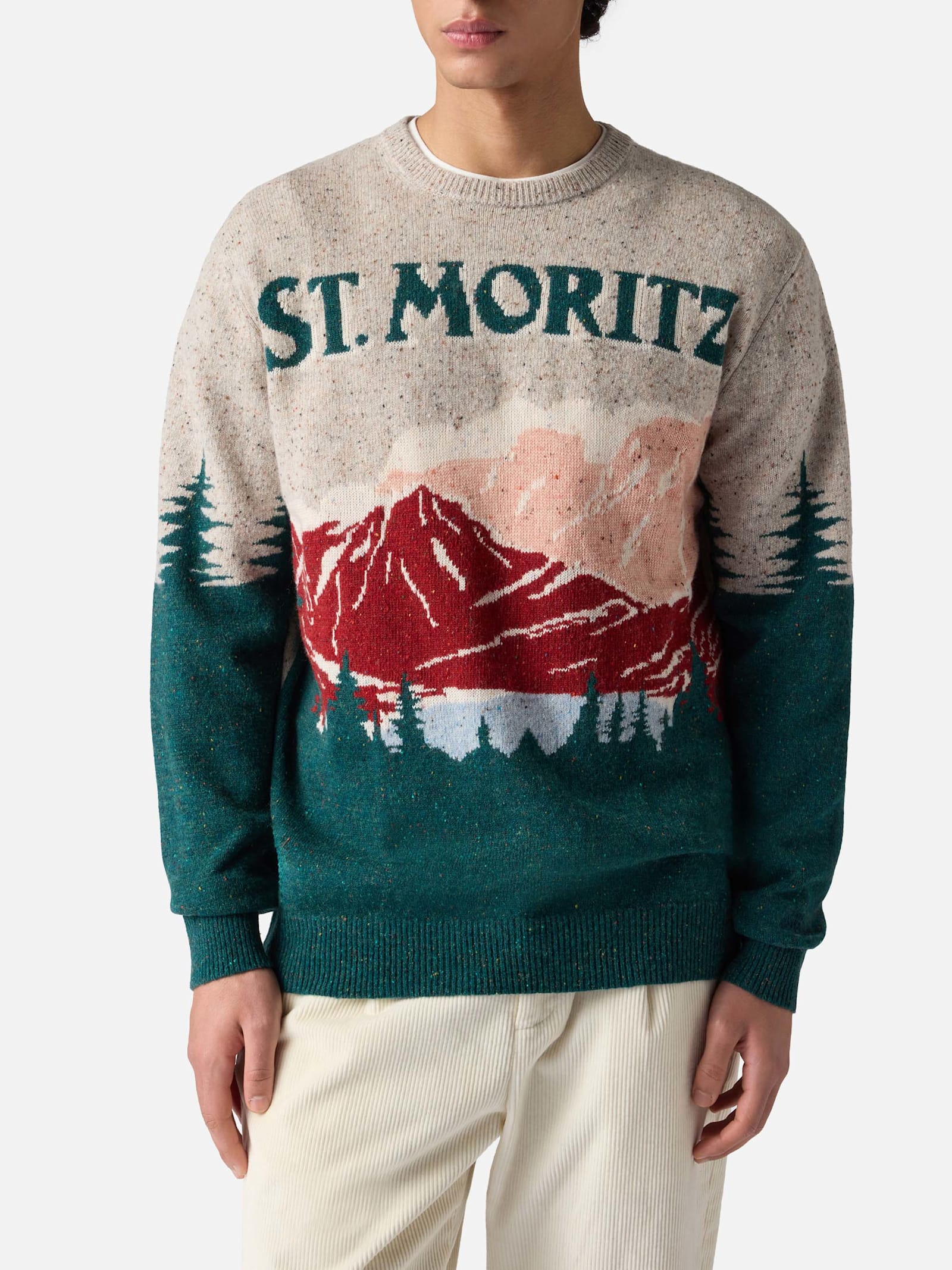 MC2 Saint Barth Crewneck Donegal Sweater Heron With St. Moritz Postcard Jacquard