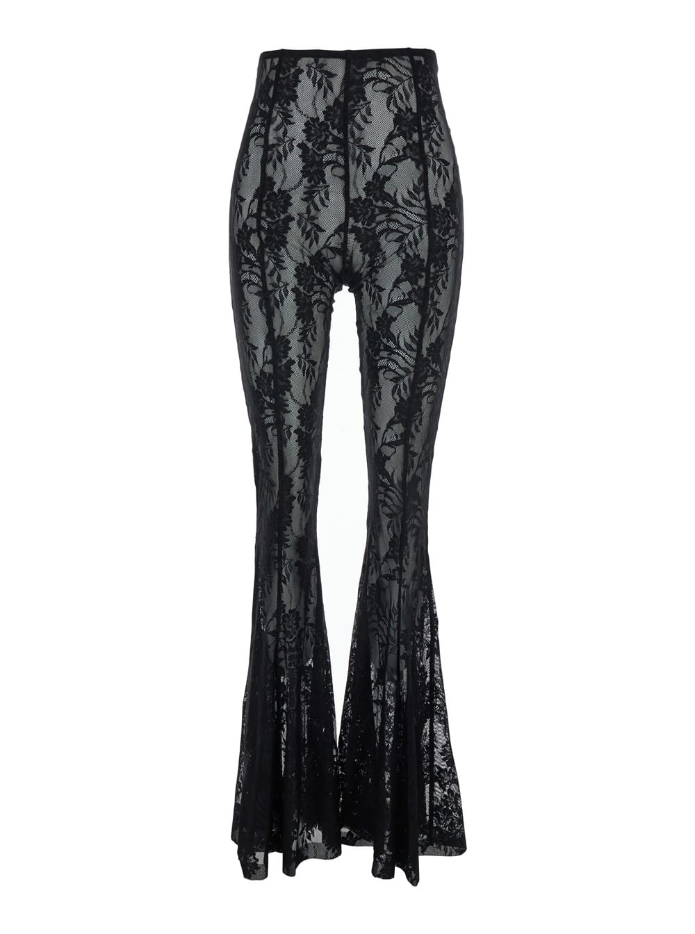 fishtail Black Flared Pants With All-over Floral Embroidery And Wide Leg In Tech Fabric Stretch Woman