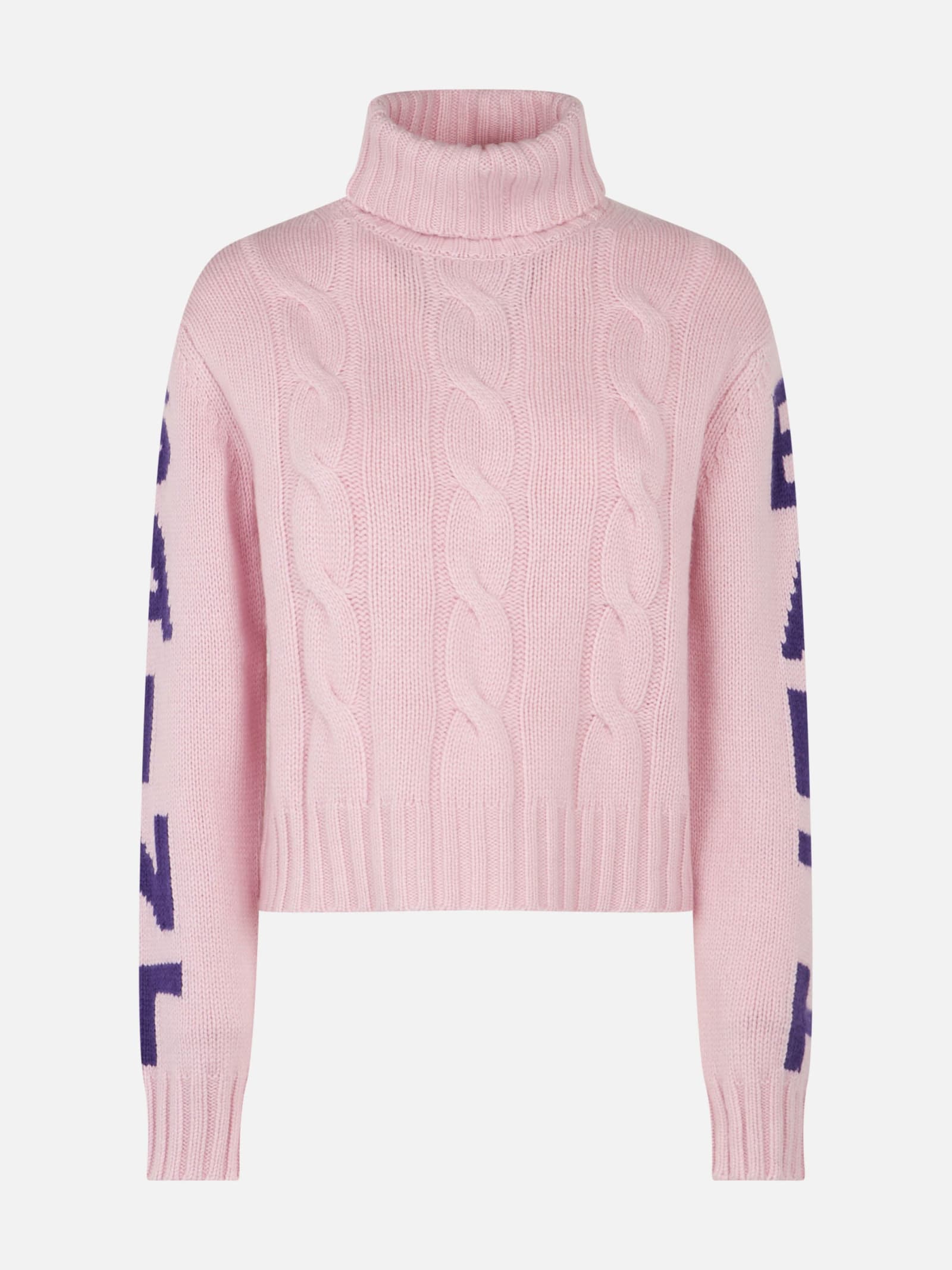 Shop Mc2 Saint Barth Woman Turtleneck Braided Sweater With Saint Barth Jacquard Print In Pink