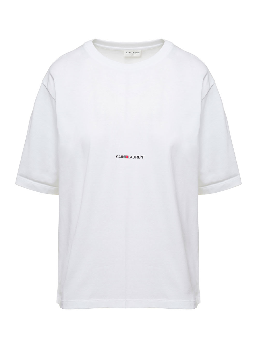 Saint Laurent Basic White T-shirt With Miiddle Logo Print In Cotton Woman