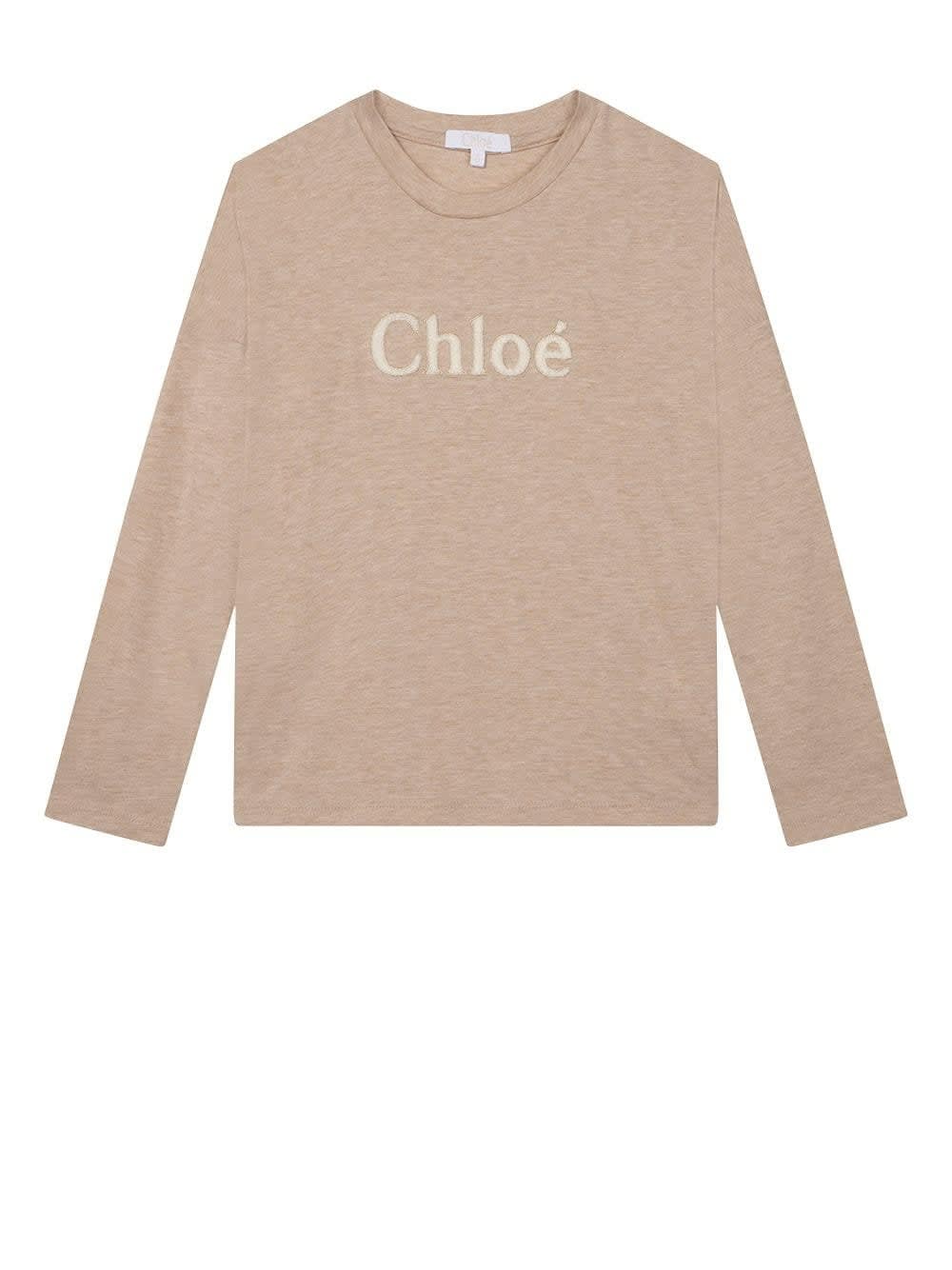 Chloé Kids Beige Long-sleeved T-shirt With Logo