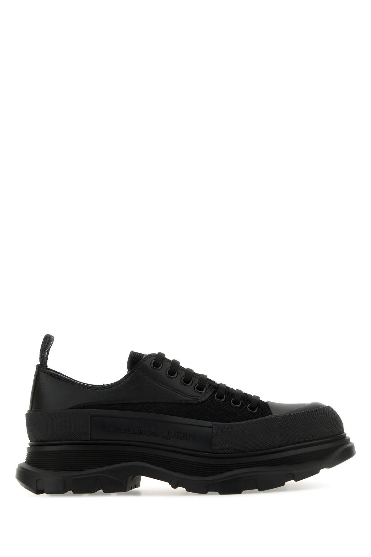 Shop Alexander Mcqueen Black Leather And Fabric Tread Slick Sneakers In Nero