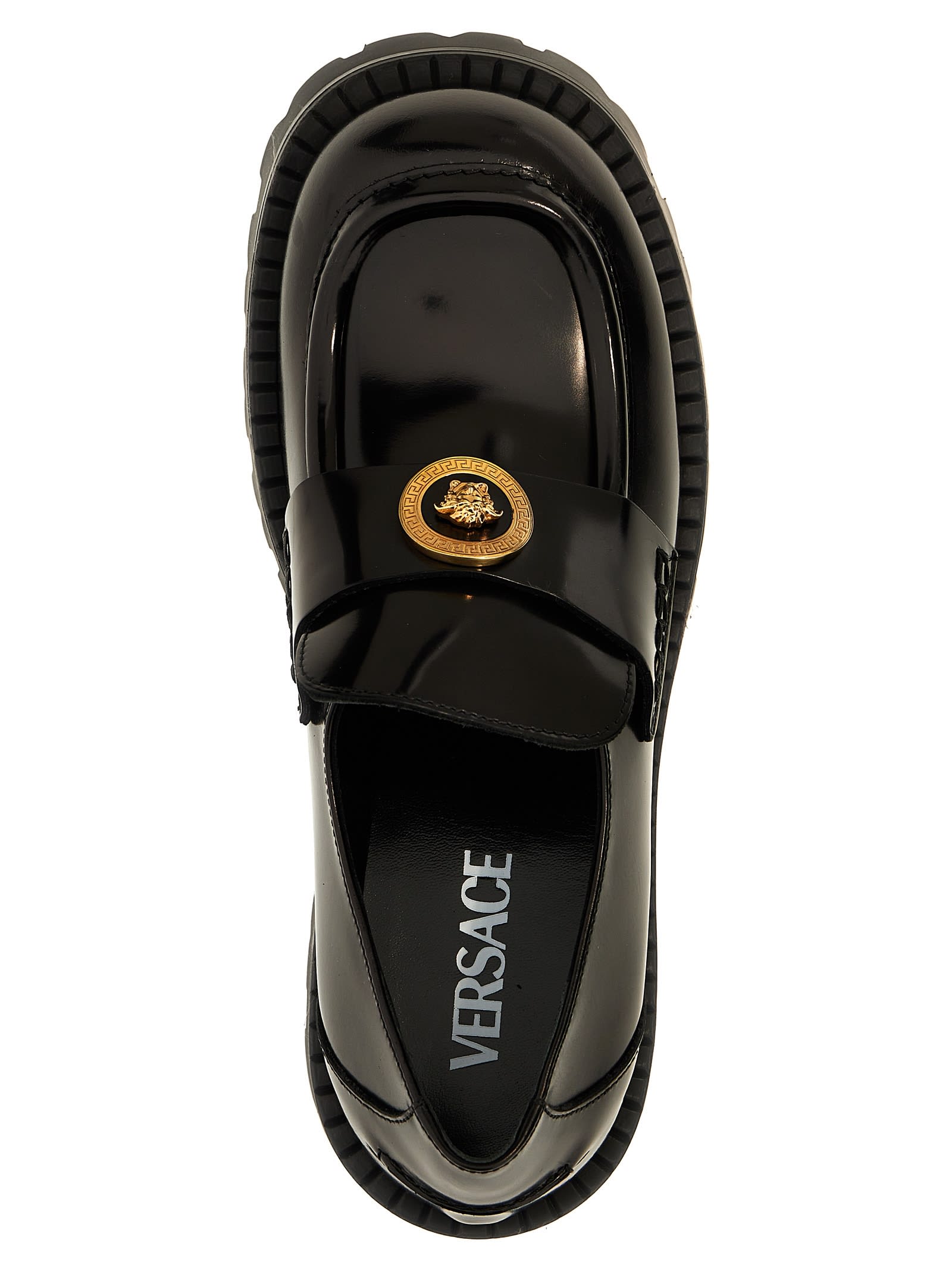 Shop Versace Vagabond Loafers In Black  Gold (black)