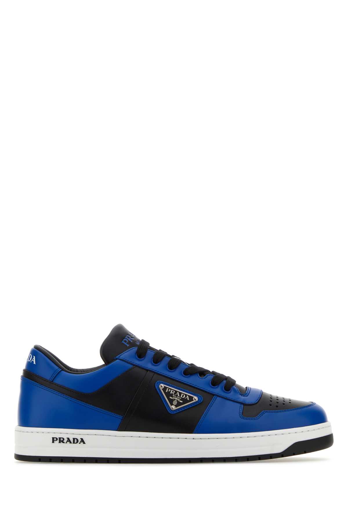 Shop Prada Two-tone Leather Downtown Sneakers In Nerocobalto