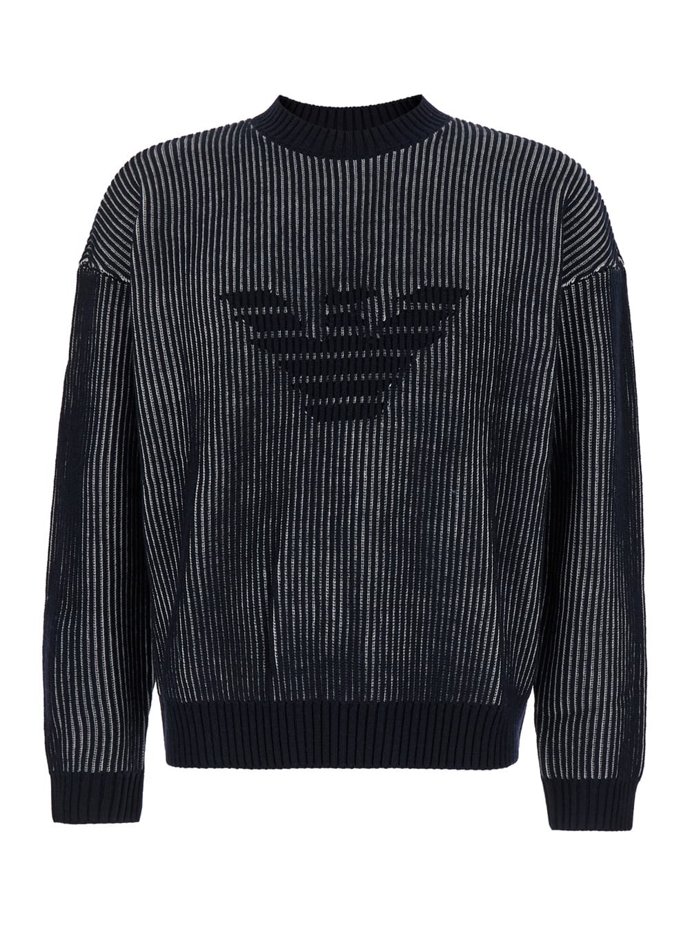 Shop Emporio Armani Blue Sweater With Eagle Logo In Ribbed Wool And Cotton Man