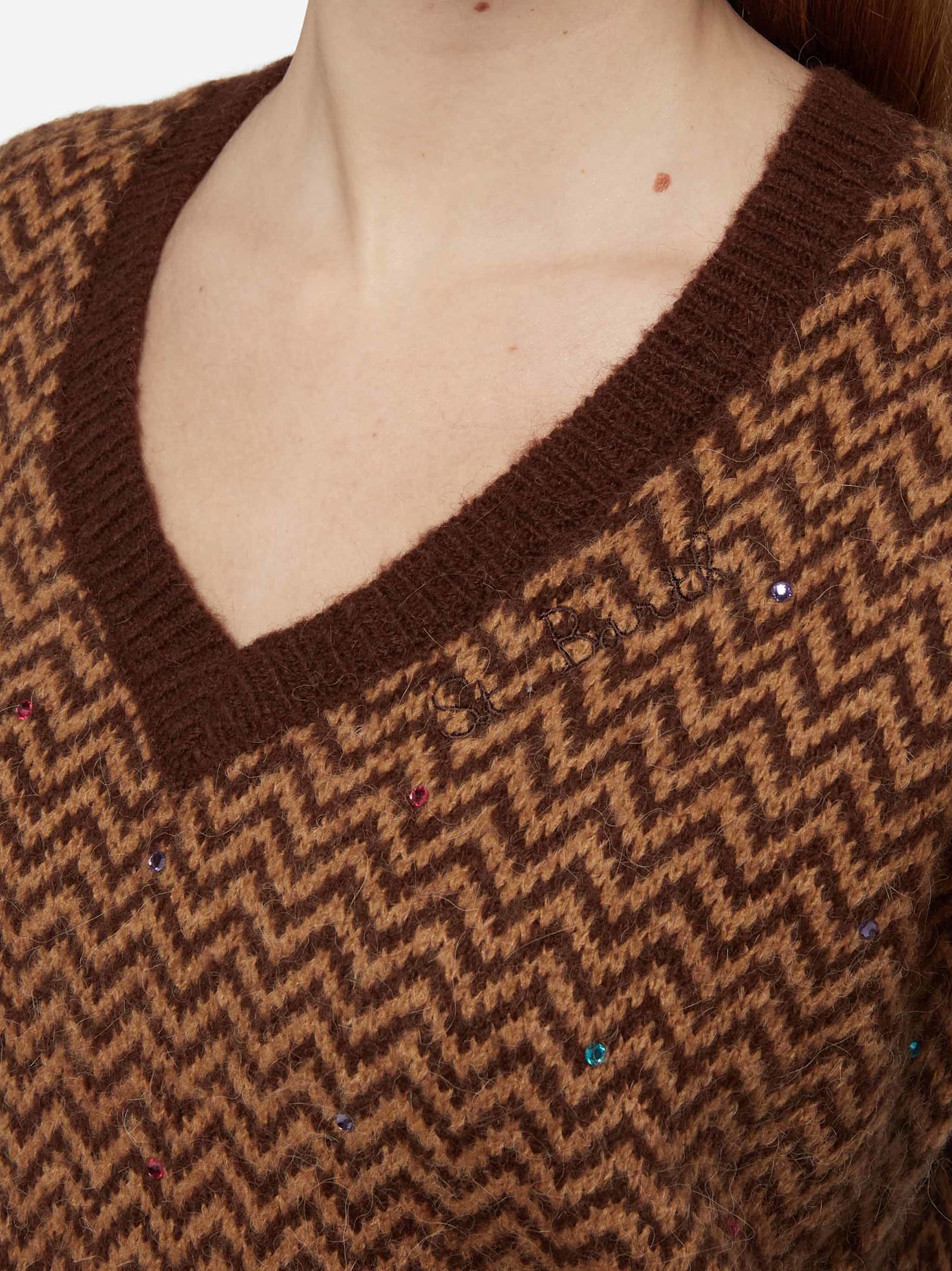 Mc2 Saint Barth Woman Cropped Sweater With Argyle Pattern In Brown