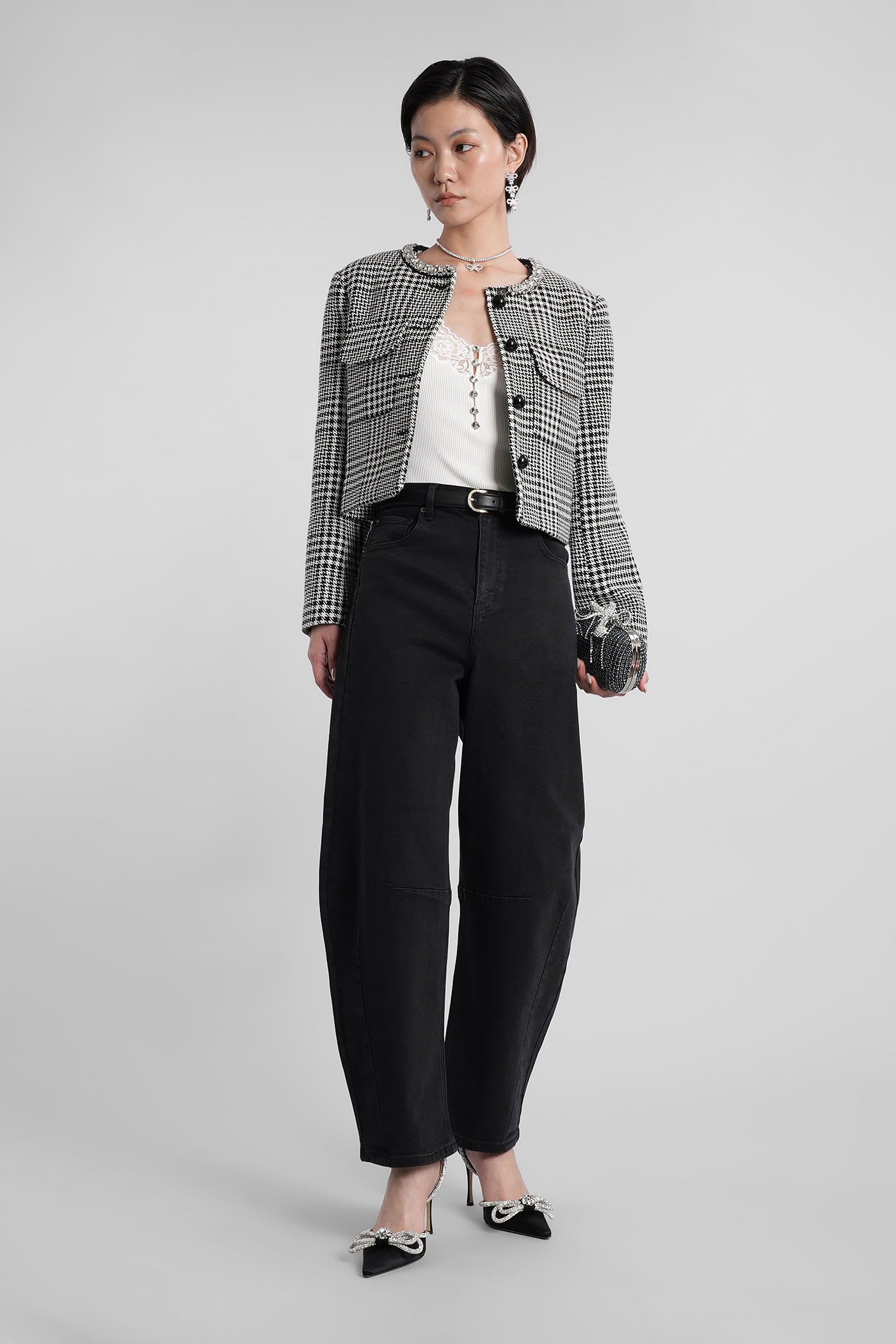 Self-portrait Houndstooth Cropped Jacket In Black