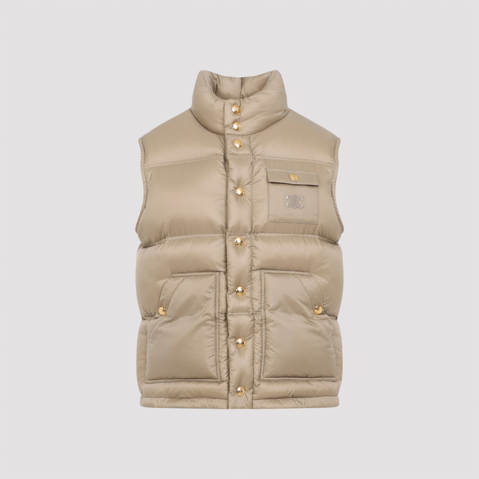 Celine Quilted Jacket With High Collar And Pocket In Neutral