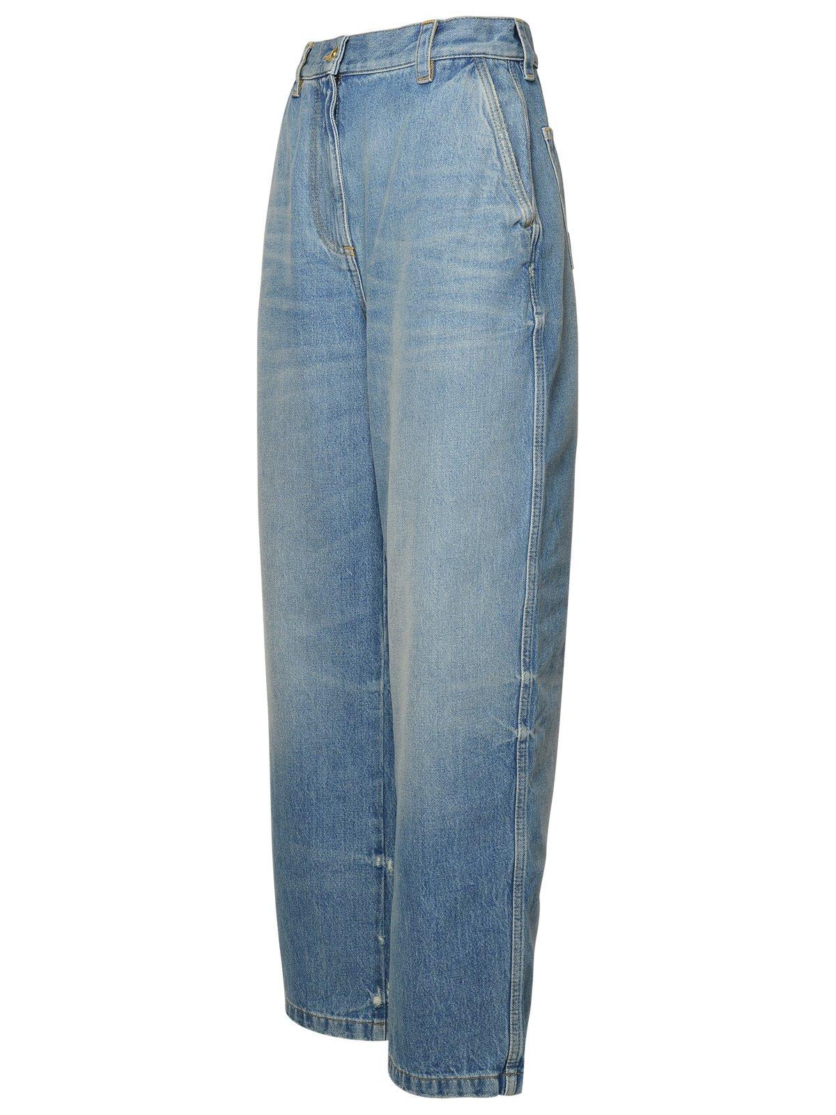 Shop Palm Angels Wide Leg Distressed Jeans In Blu