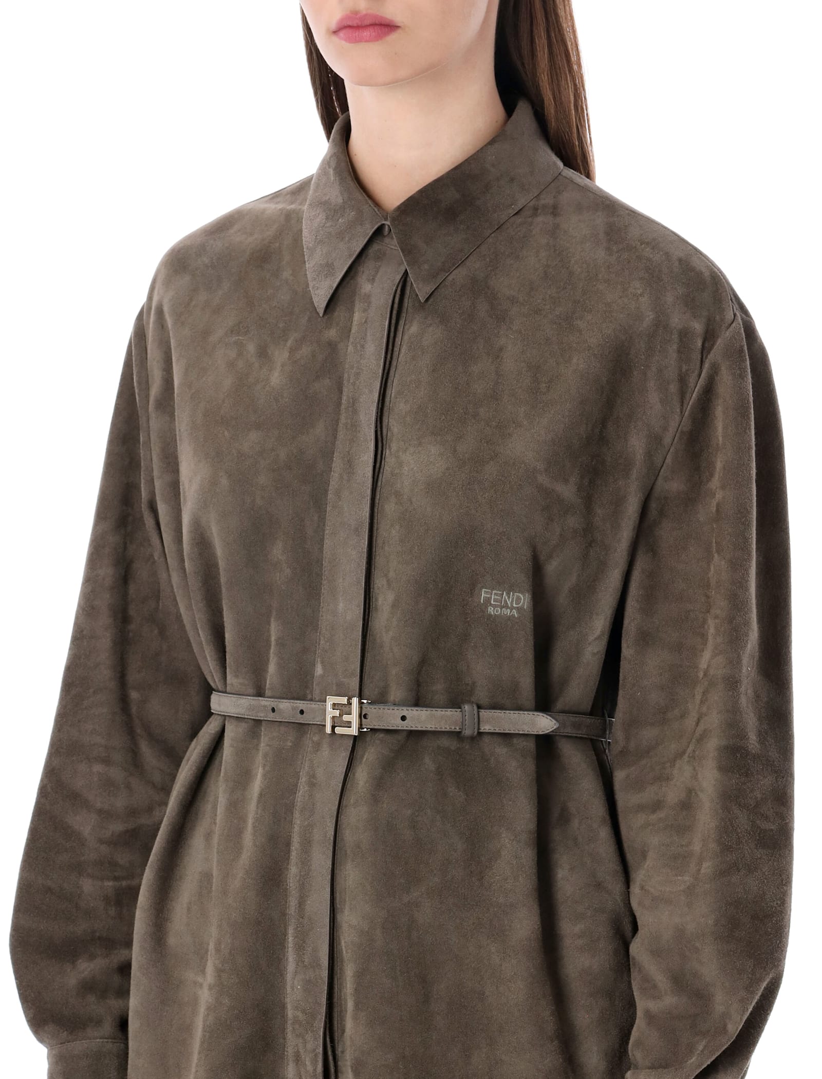 Fendi Taupe Suede Overshirt With Belt In Brown