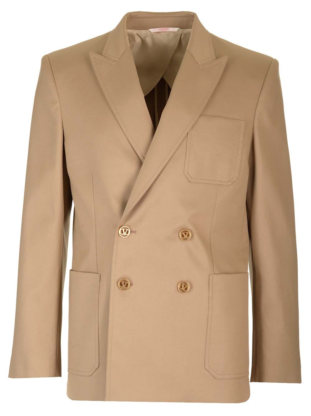 Shop Valentino Double-breasted Blazer In Beige