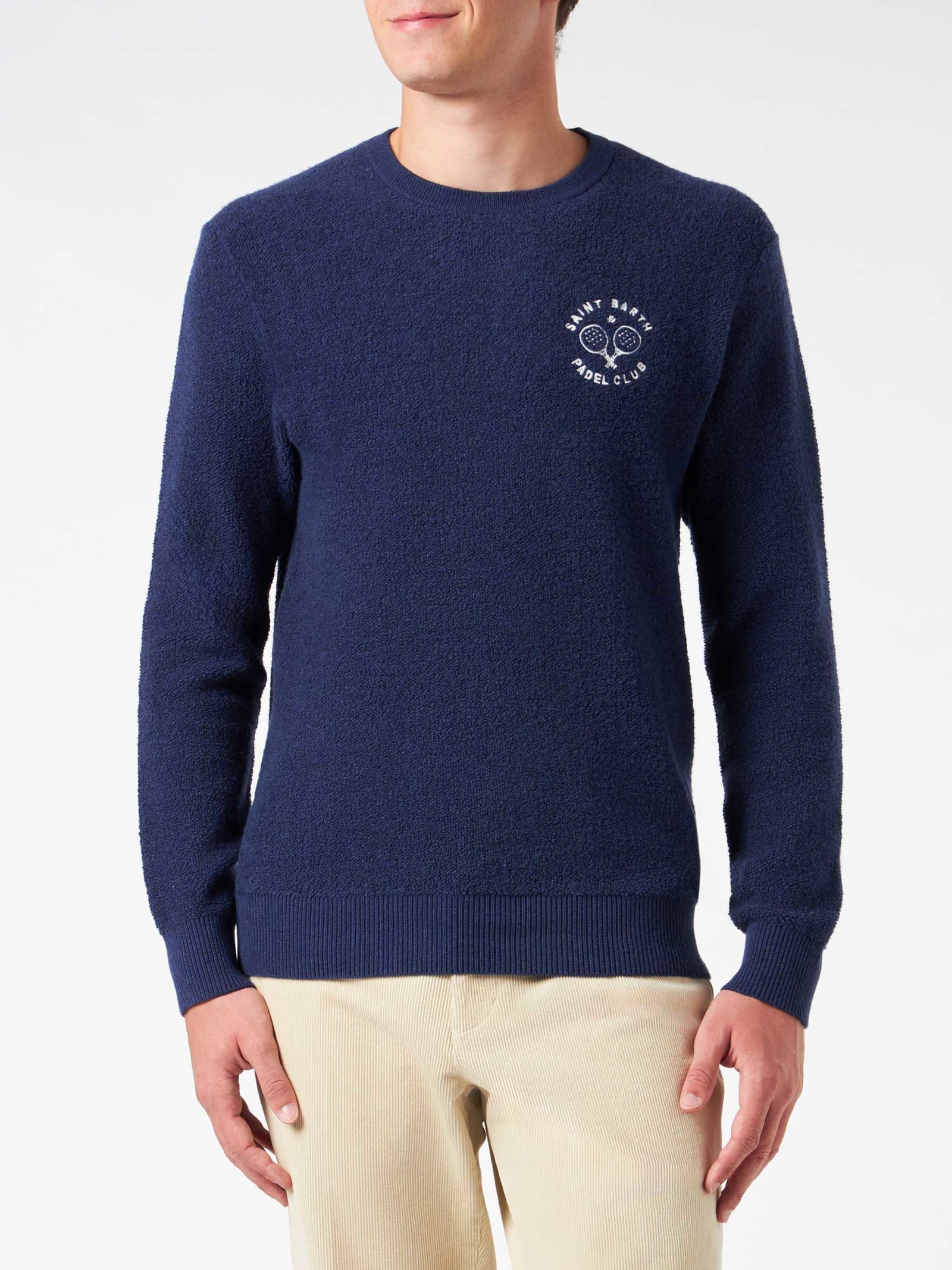 Mc2 Saint Barth Man Crewneck Bluette Bouclé Sweater With Saint Barth Padel Club Embroidery In Blue
