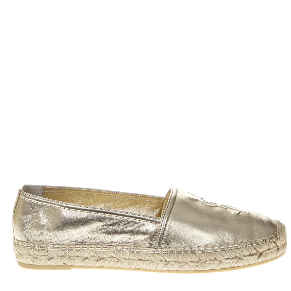SAINT LAURENT PLATINUM METALLIC LEATHER ESPADRILLES WITH LOGO,11244555
