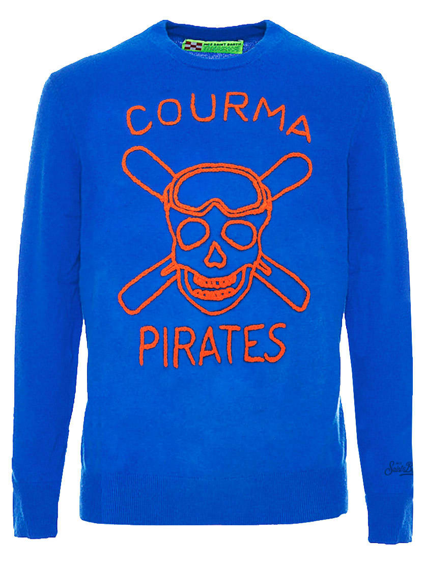 MC2 Saint Barth Man Blue Sweater Orange Courma Pirates Embroidery