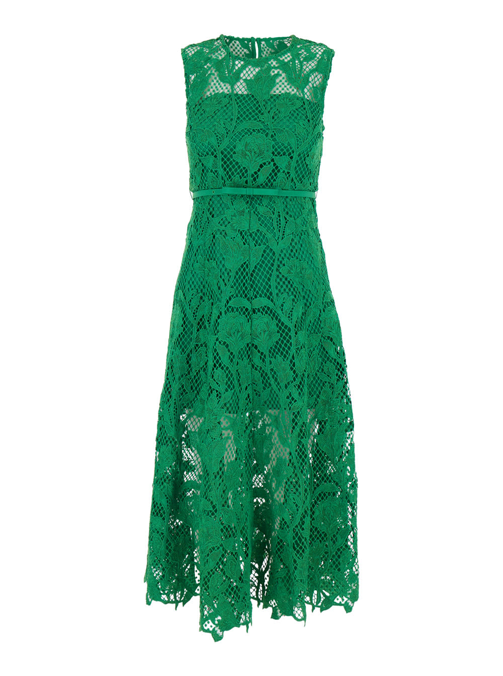 Shop Self-portrait Midi Green Dress With All-over Embroideries In Lace Woman