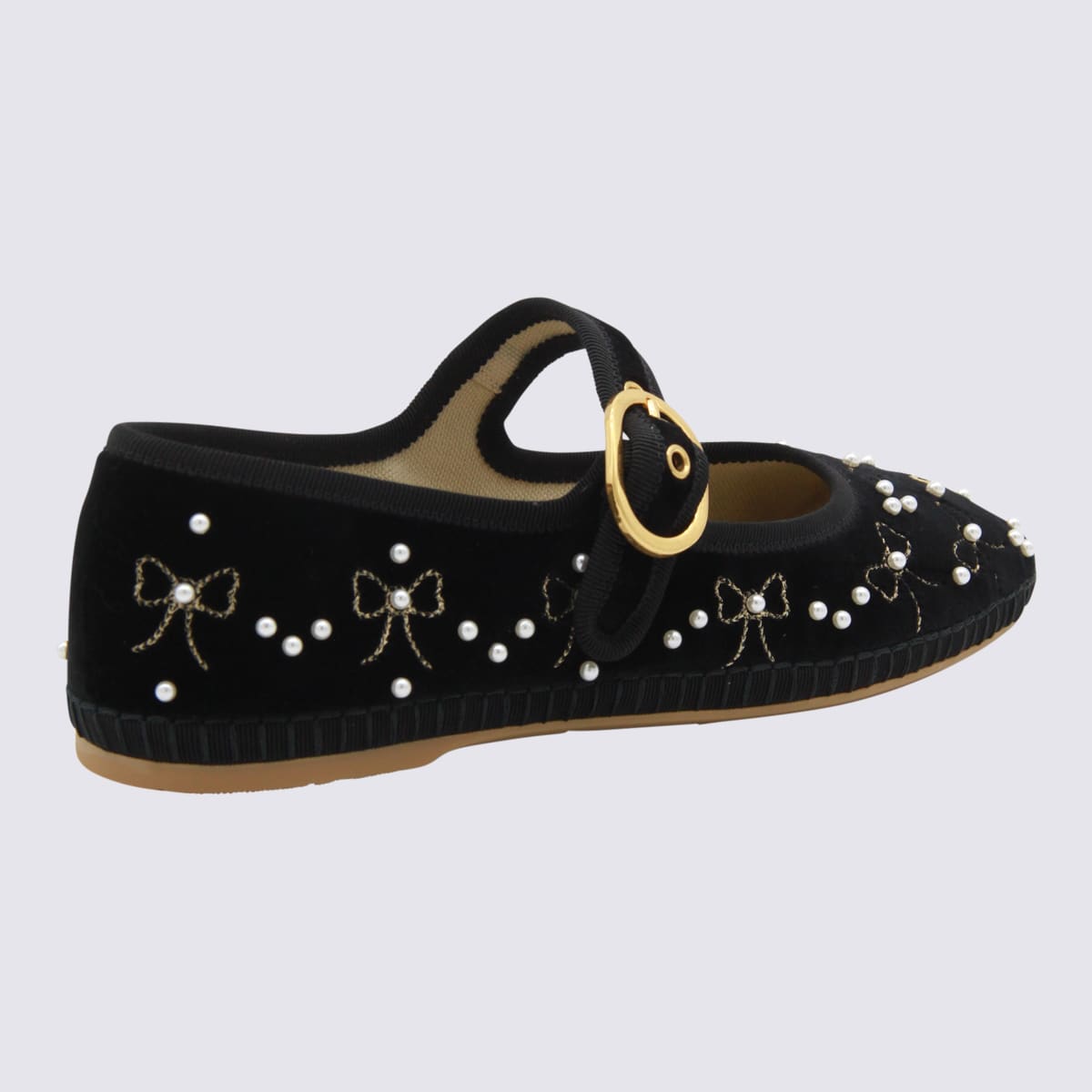 Valentino Endouce Embellished Grosgrain-trimmed Velvet Mary Jane Ballet Flats In Black
