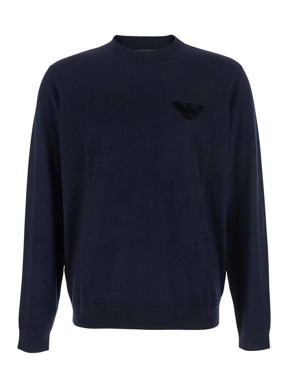 Emporio Armani Black Crewneck Sweater With Logo Embroidery On The Front In Wool Man In Blue
