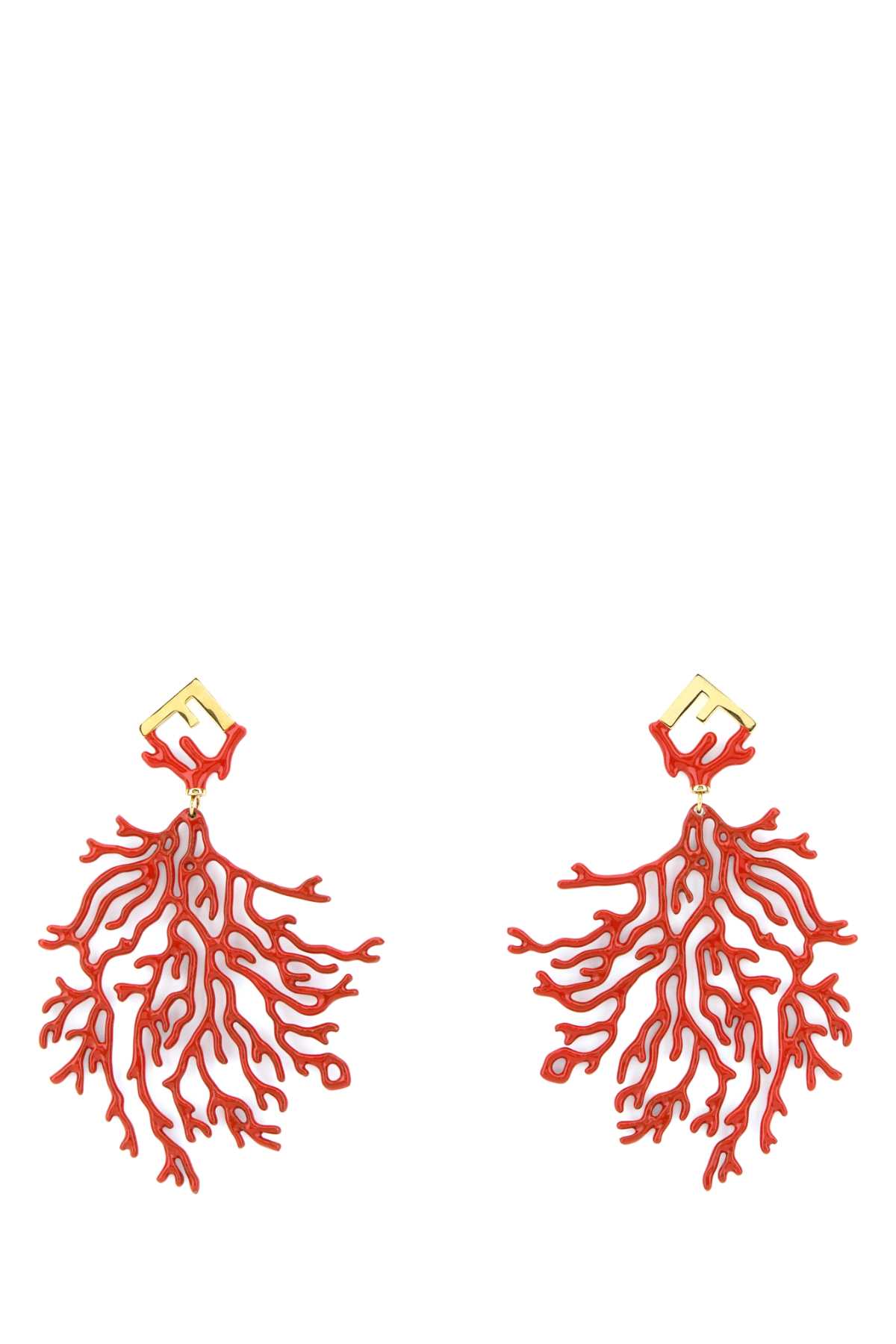 Fendi Metal Drop Earrings With Coral Motif In Red