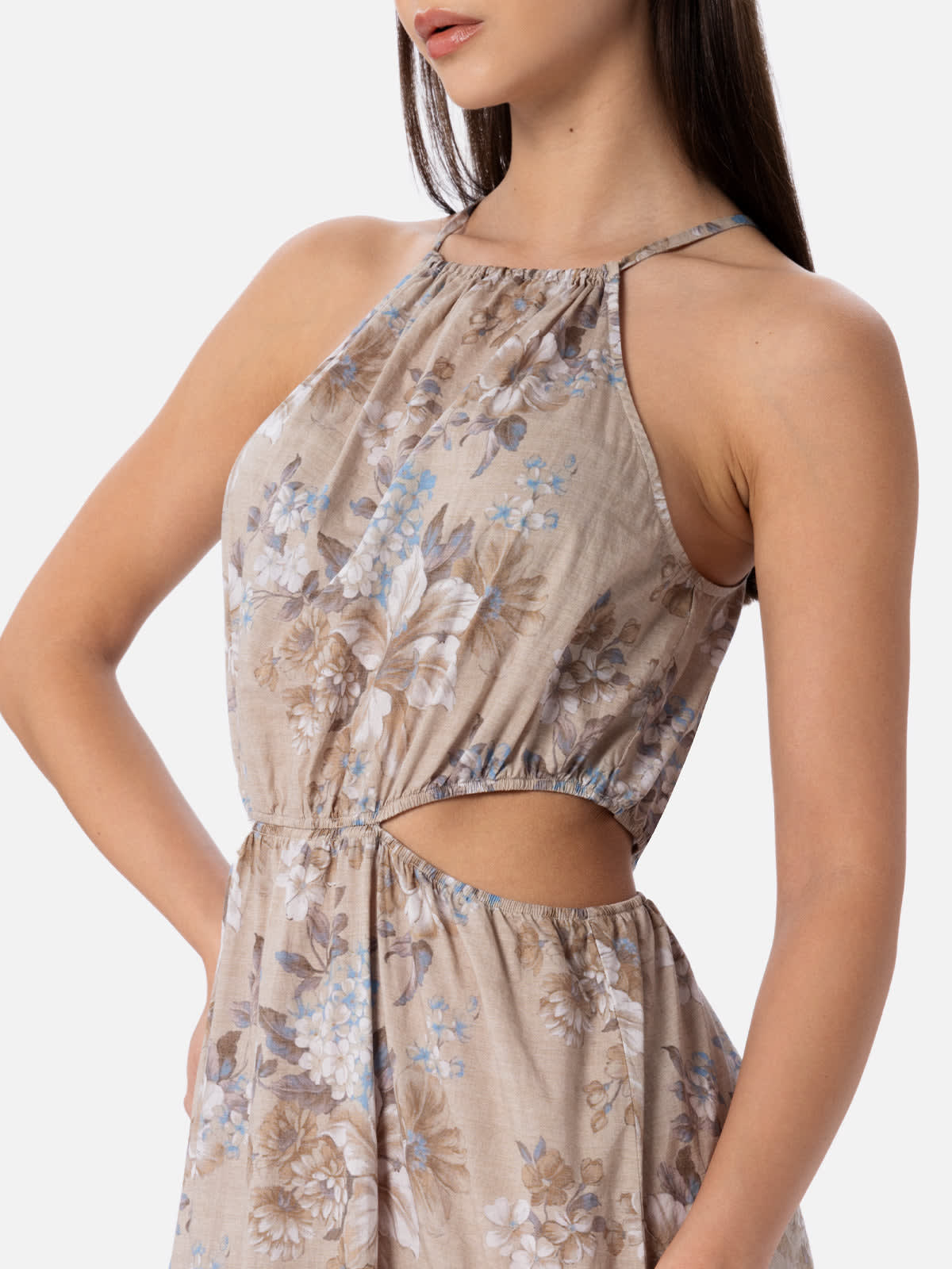 Shop Mc2 Saint Barth Woman Cut Out Long Dress Kaby With Flower Print In Beige