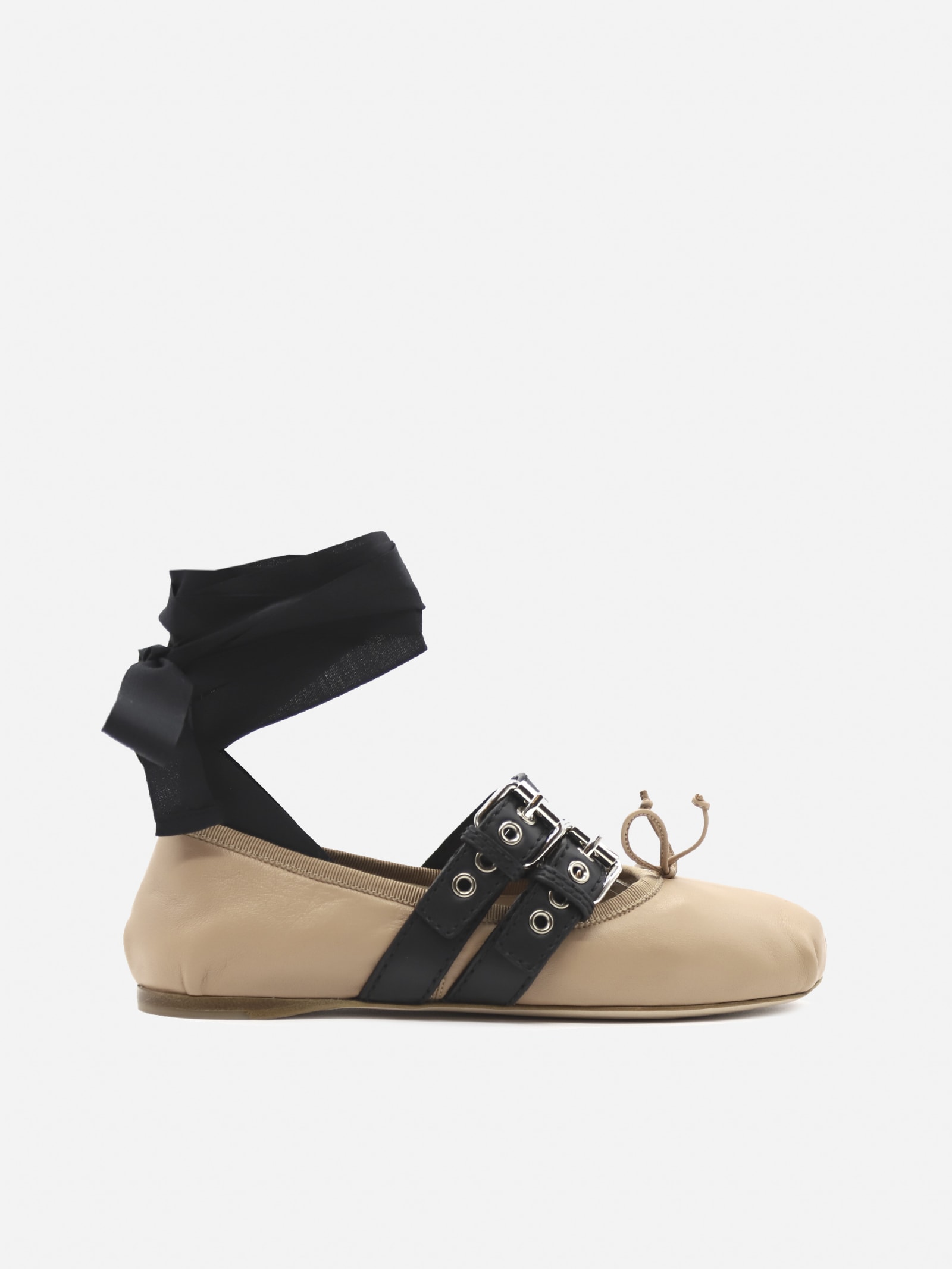 Miu Miu Leather Ballerina With Laces And Buckles