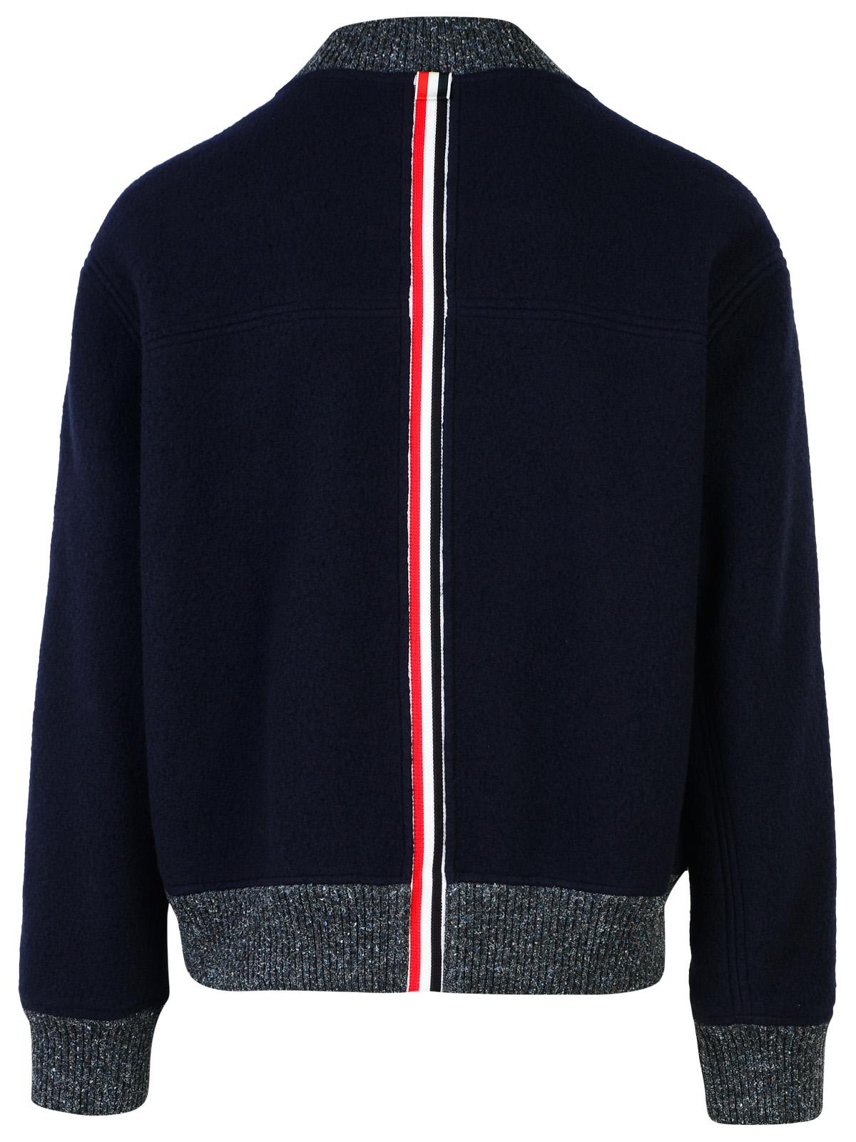 Shop Thom Browne Navy Wool Bomber Jacket