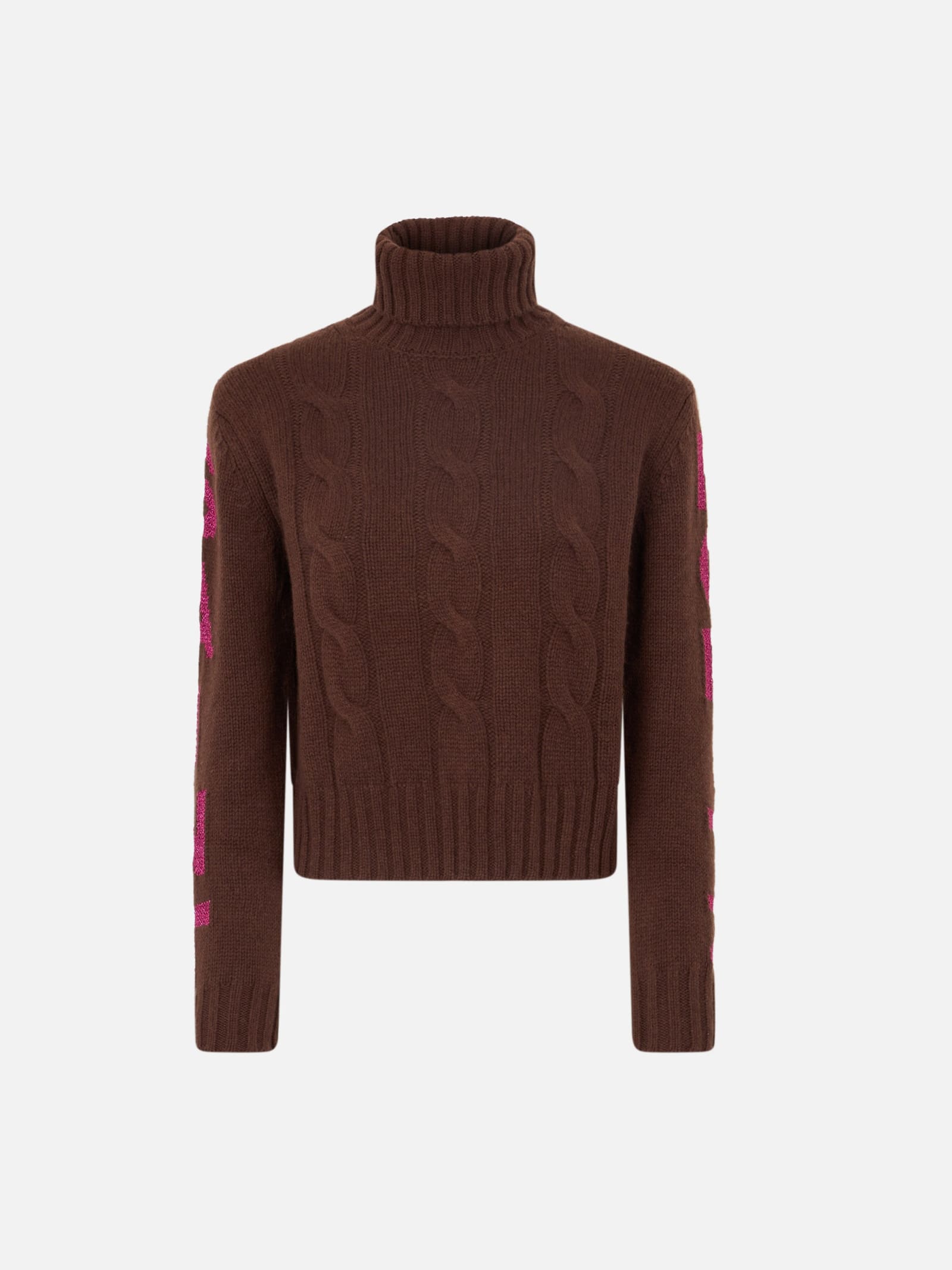 Mc2 Saint Barth Woman Turtleneck Braided Sweater With Saint Moritz Jacquard In Brown