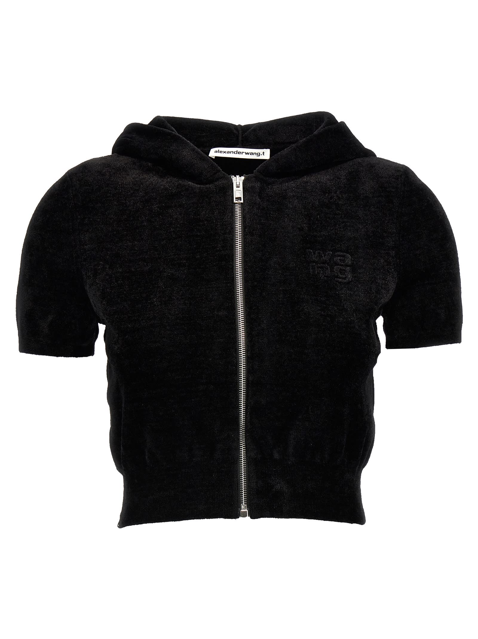 Shop Alexander Wang T Logo Chenille Cropped Hoodie In Black