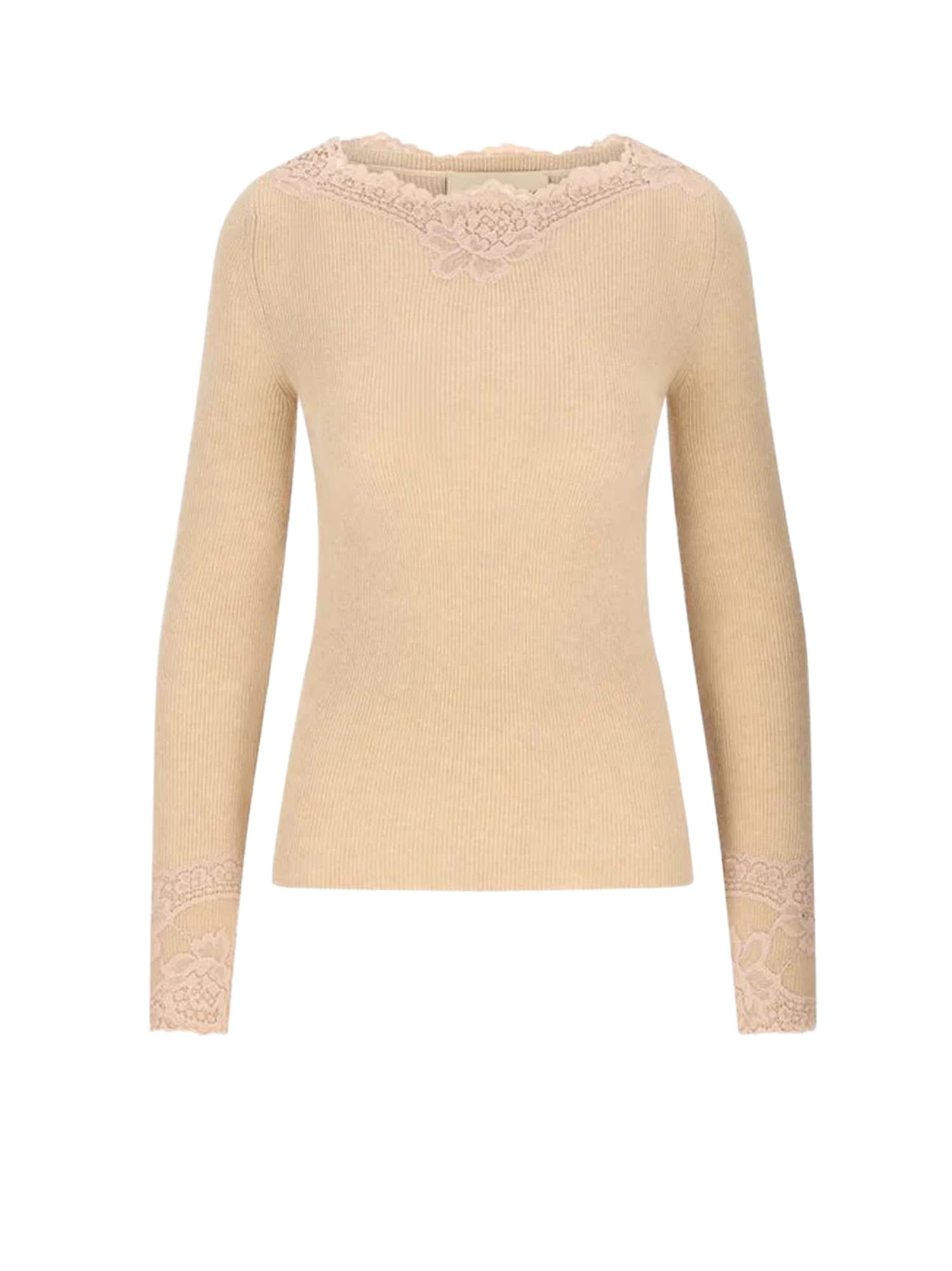 Valentino Cashmere Sweater With Lace And Boat Neckline In Neutral