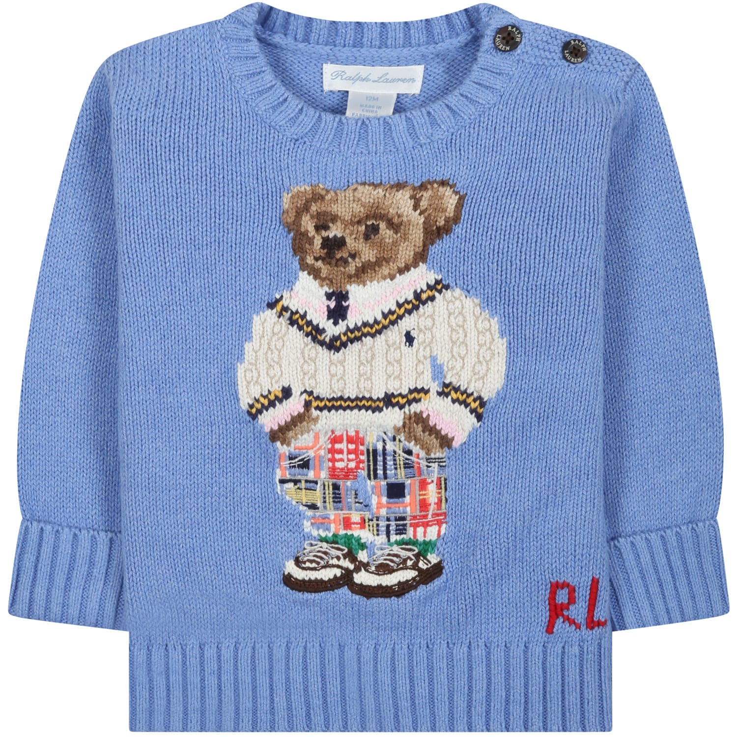 RALPH LAUREN LIGHT-BLUE SWEATER FOR BABY BOY WITH BEAR AND LOGO