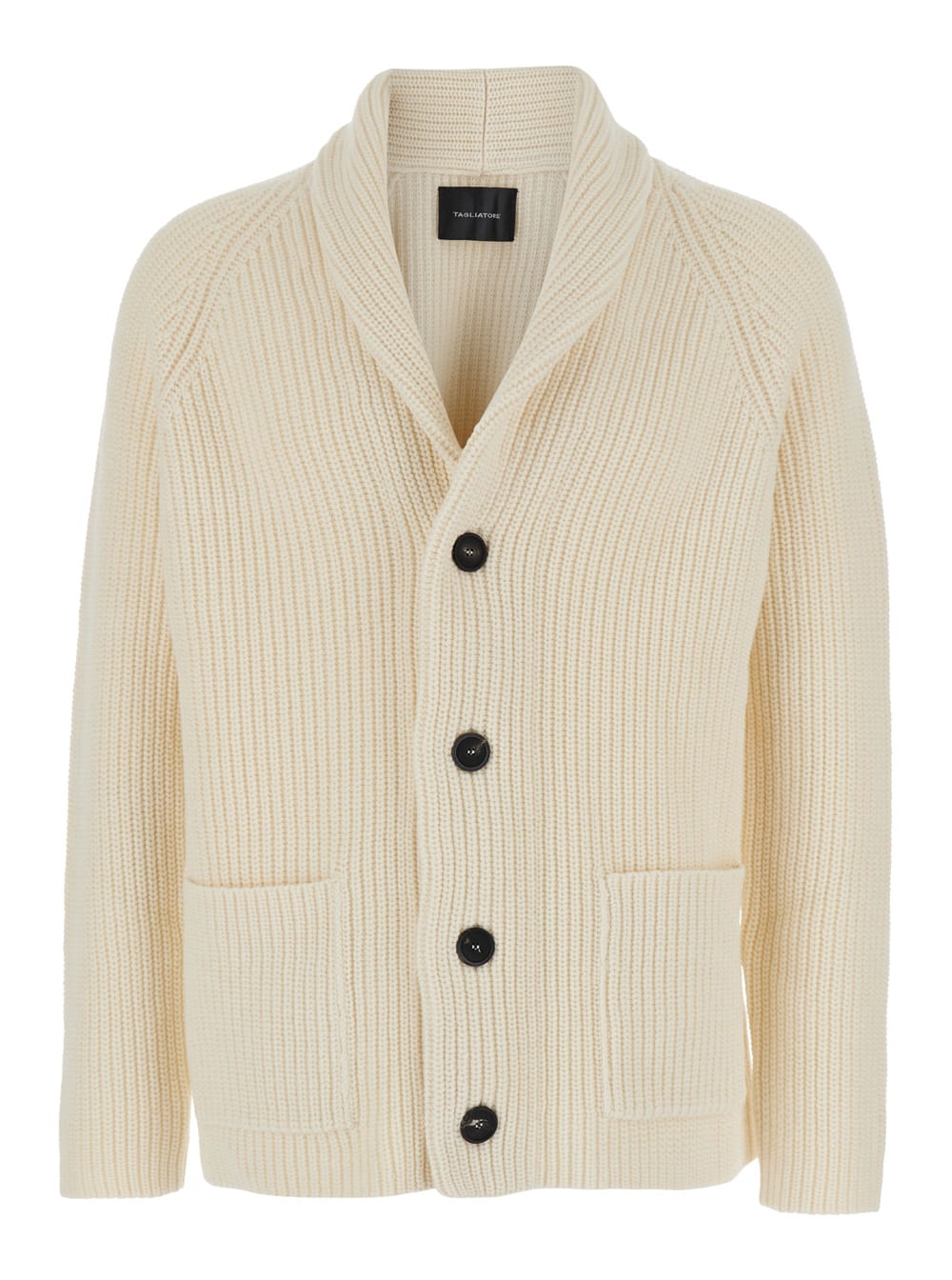 Tagliatore White Cardigan With Shawl Collar In Ribbed Wool Man
