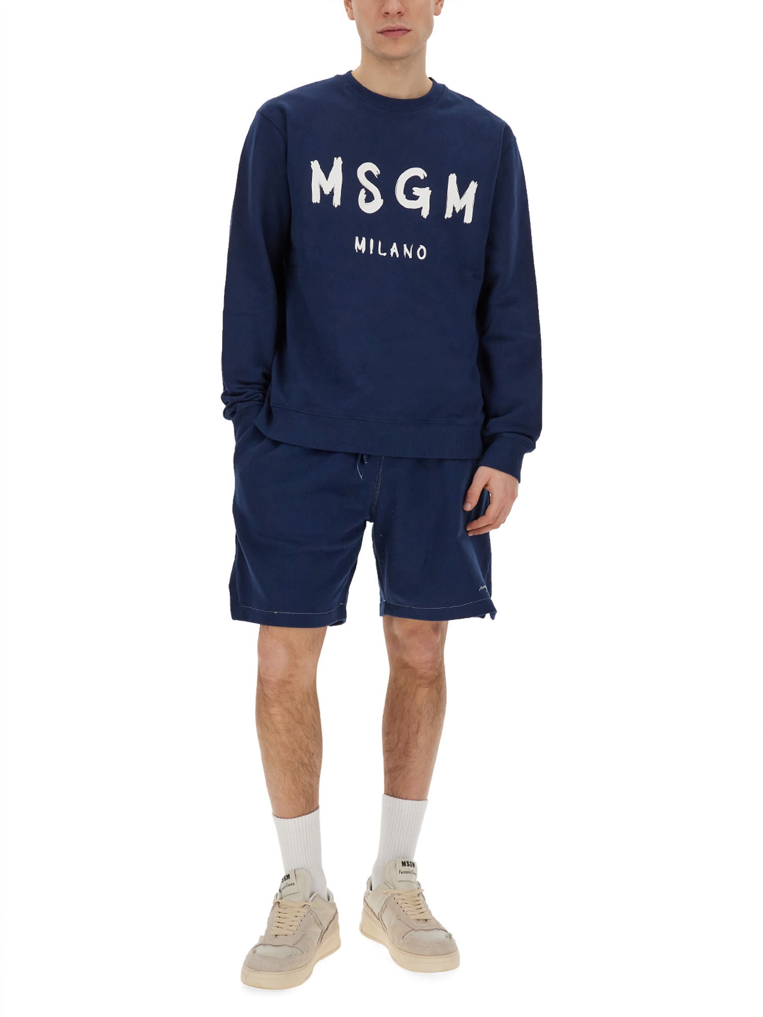 Shop Msgm Sweatshirt With Brushed Logo In Blu Navy