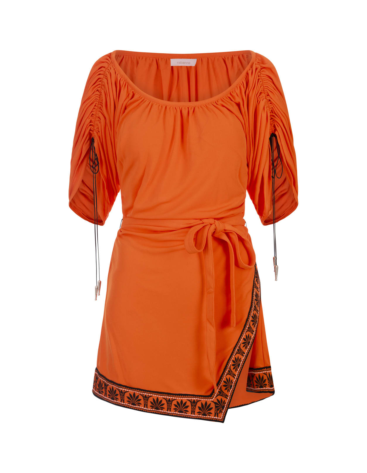 Orange Short Dress With Bare Shoulders And Printed Hemline