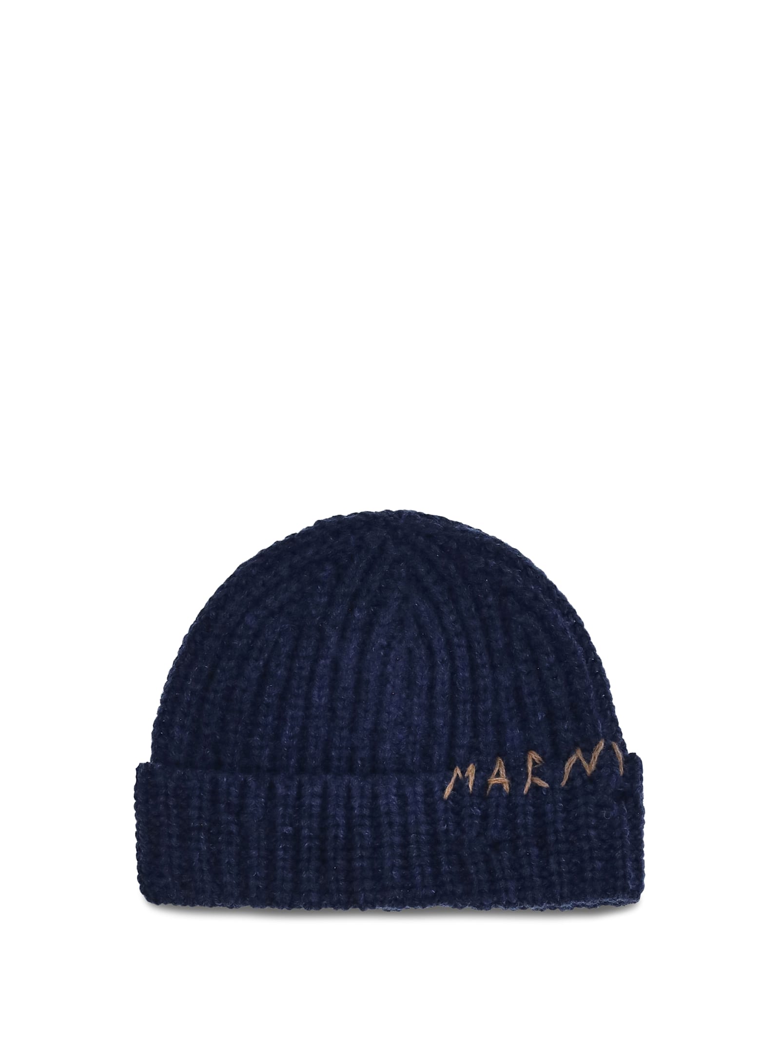 Marni Blue Knit Hand-stitched Logo Beanie In Blue