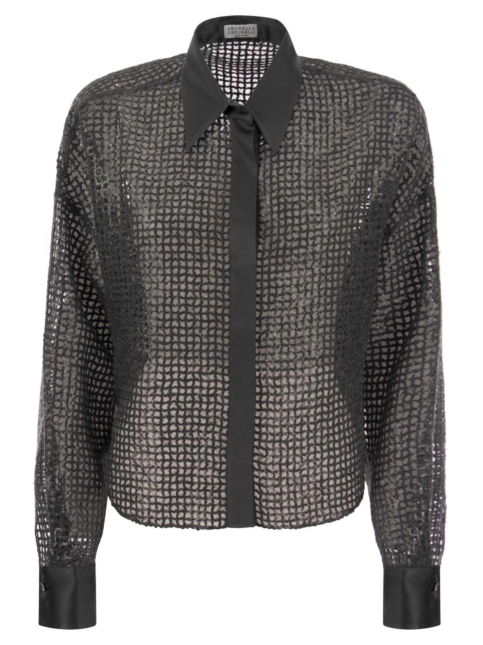 Shop Brunello Cucinelli Silk Dazzling Net Embroidery Shirt In Dark Grey