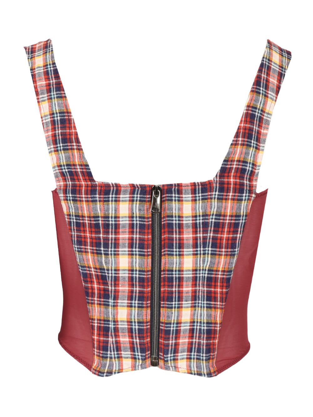Vivienne Westwood Puppy Mesh-trimmed Checked Linen And Cotton-blend Bustier Top In Multicolor
