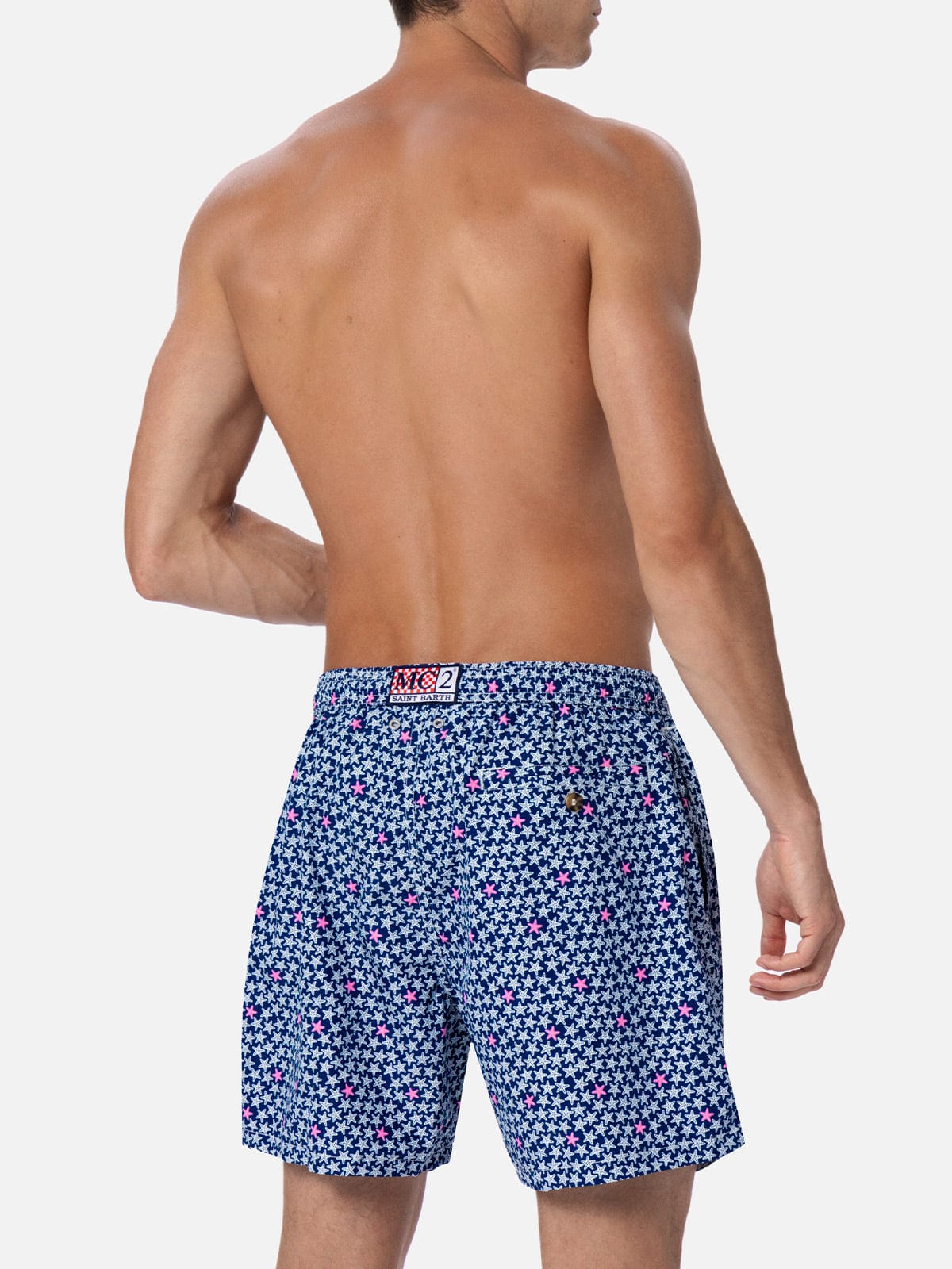 Mc2 Saint Barth Man Lightweight Fabric Swim-shorts Lighting 70 With Starfishes Print In Blue